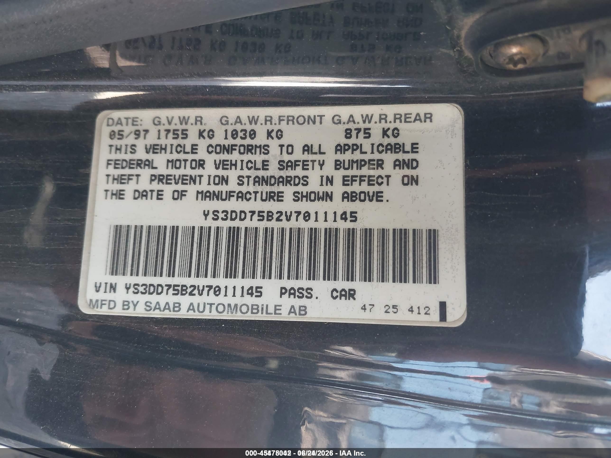 1997 Saab 900 S Черный vin: YS3DD75B2V7011145
