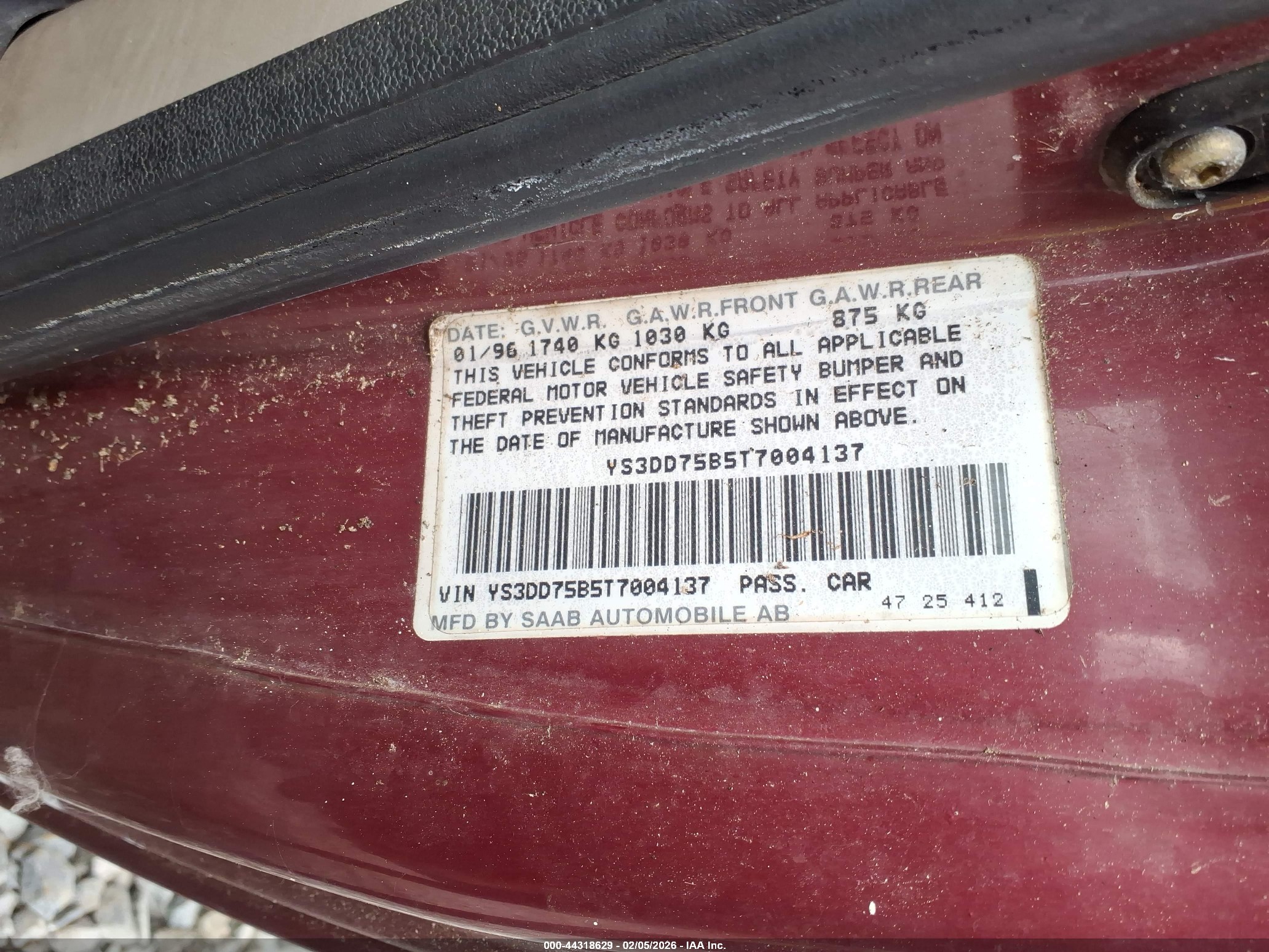 1996 Saab 900 S Red vin: YS3DD75B5T7004137
