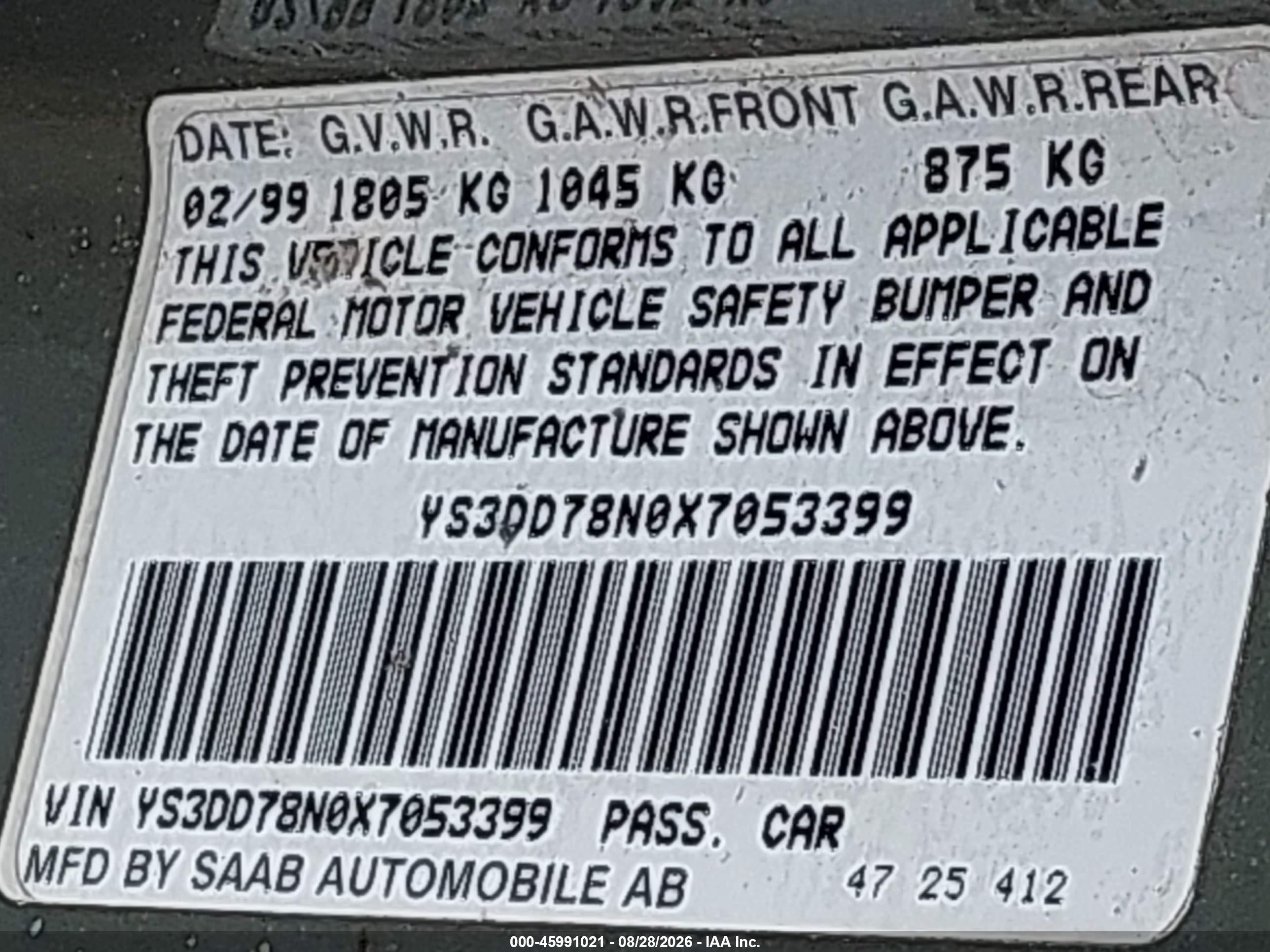 1999 Saab 9-3   Green vin: YS3DD78N0X7053399