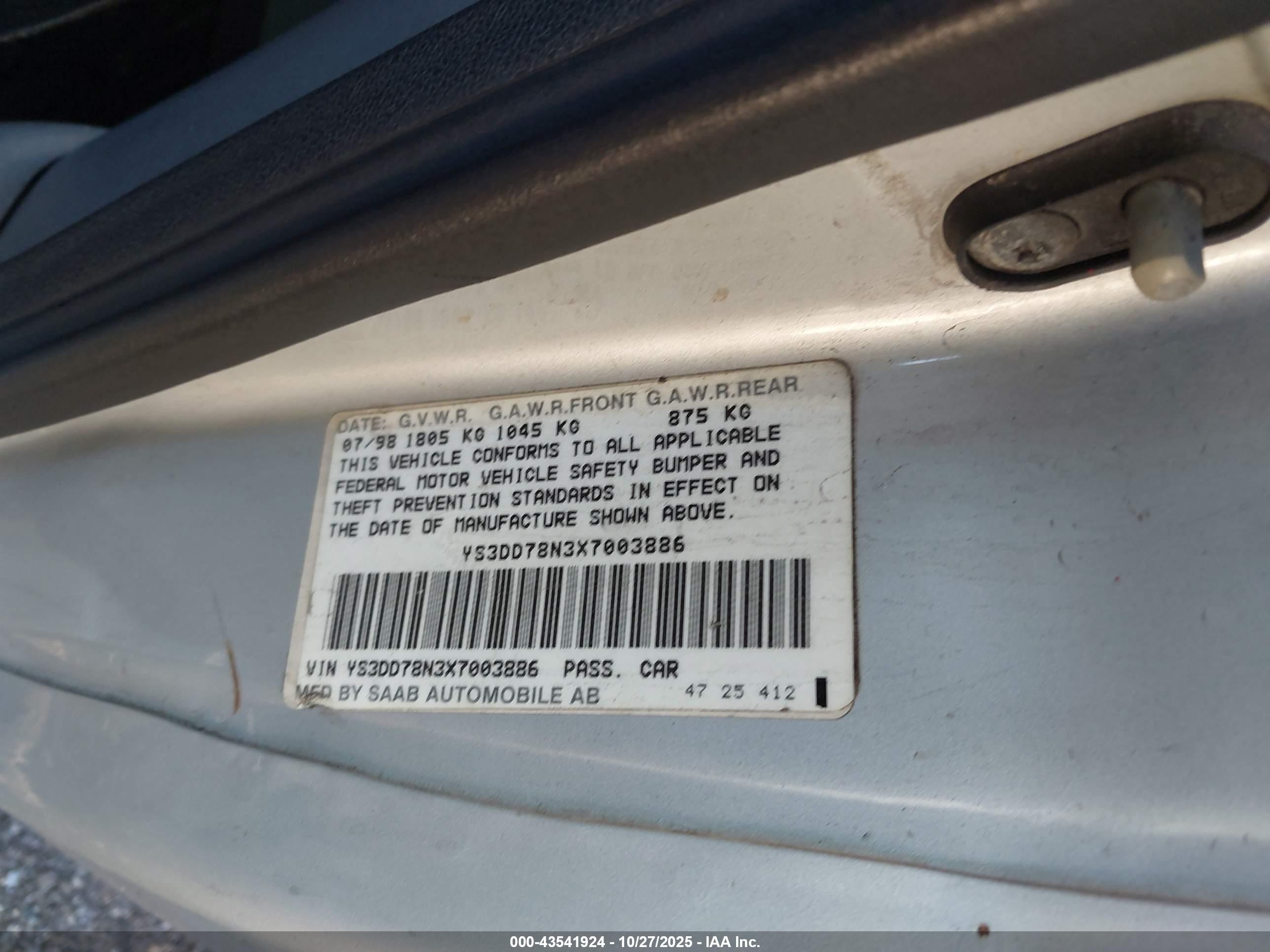 1999 Saab 9-3   Gray vin: YS3DD78N3X7003886