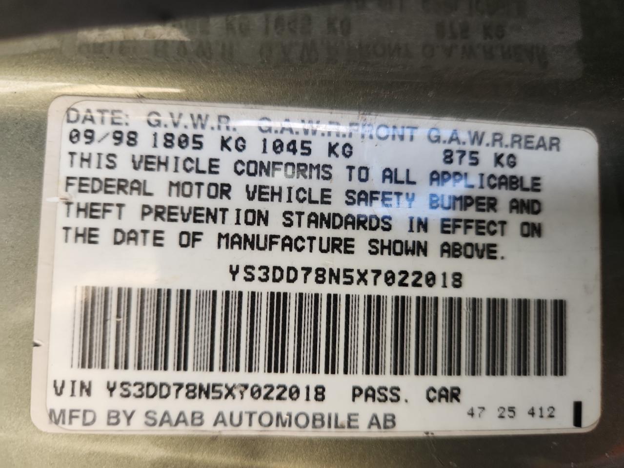1999 Saab 9-3 S Green vin: YS3DD78N5X7022018