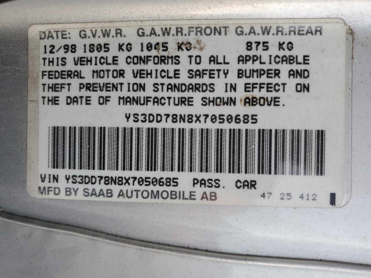 1999 Saab 9-3 S Silver vin: YS3DD78N8X7050685