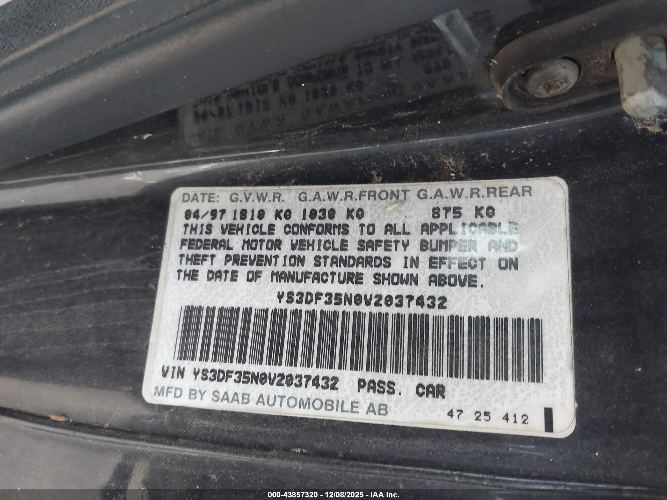 1997 Saab 900 Se Черный vin: YS3DF35N0V2037432
