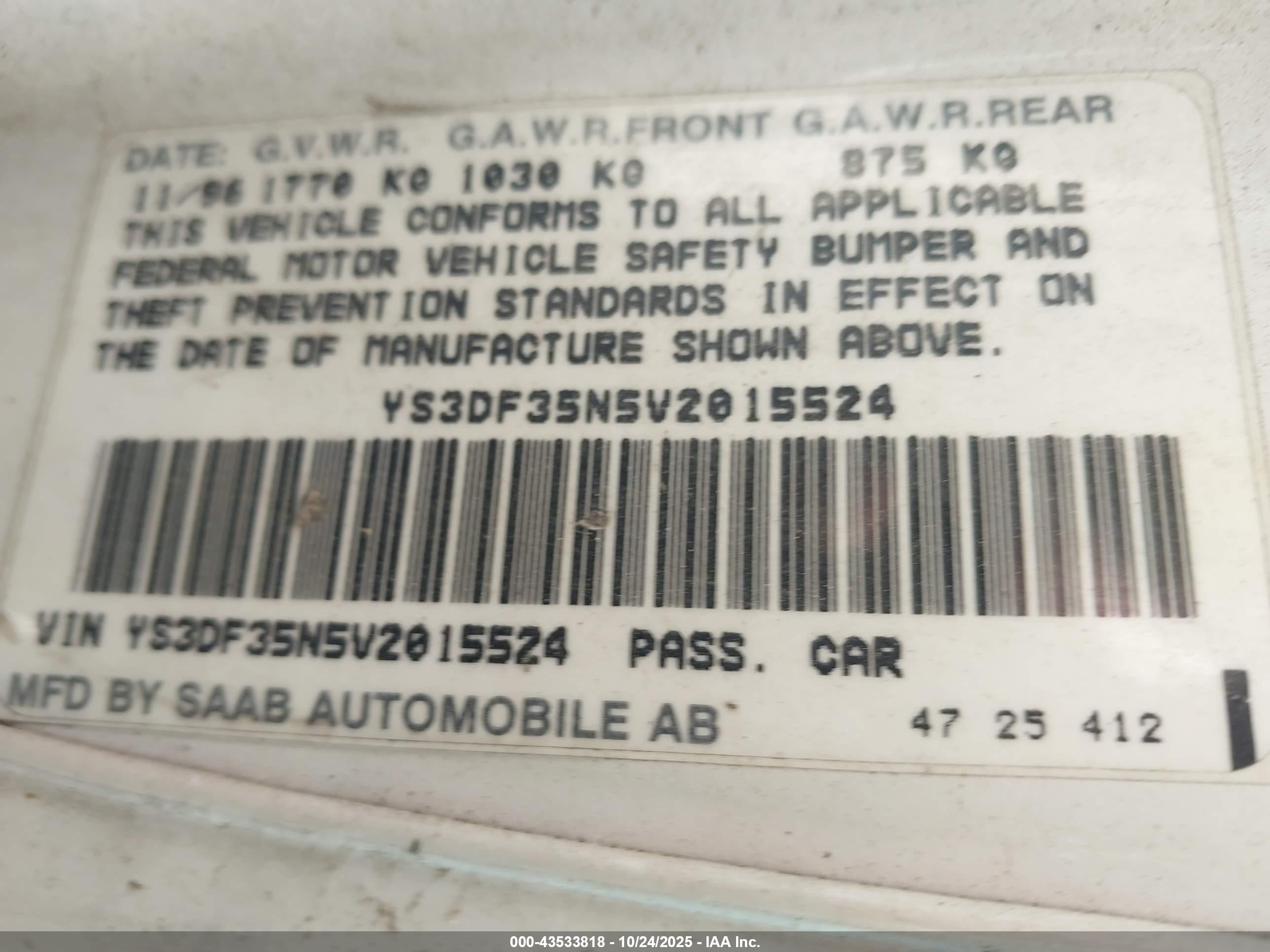 1997 Saab 900 Se White vin: YS3DF35N5V2015524