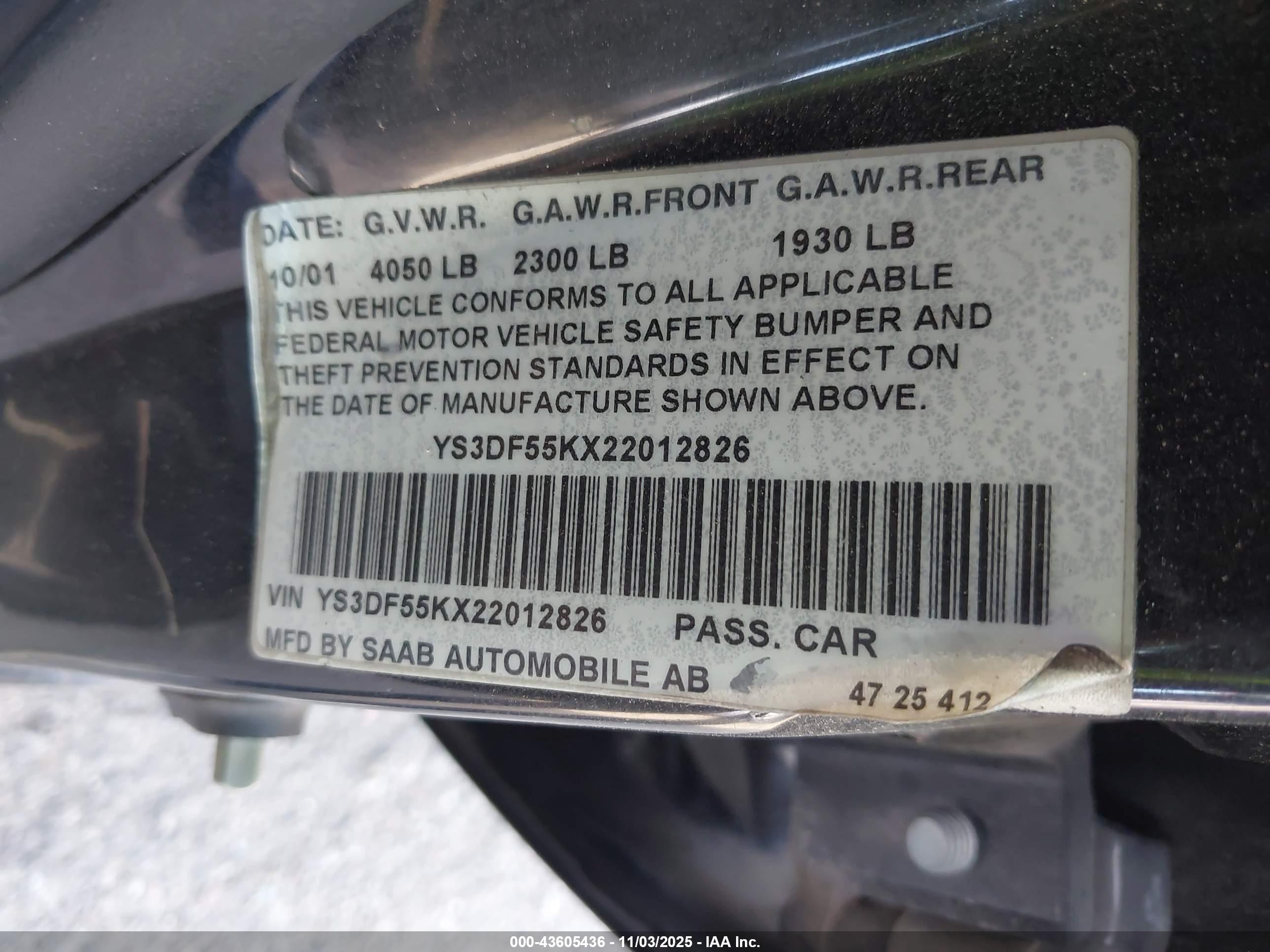 2002 Saab 9-3 Se Black vin: YS3DF55KX22012826