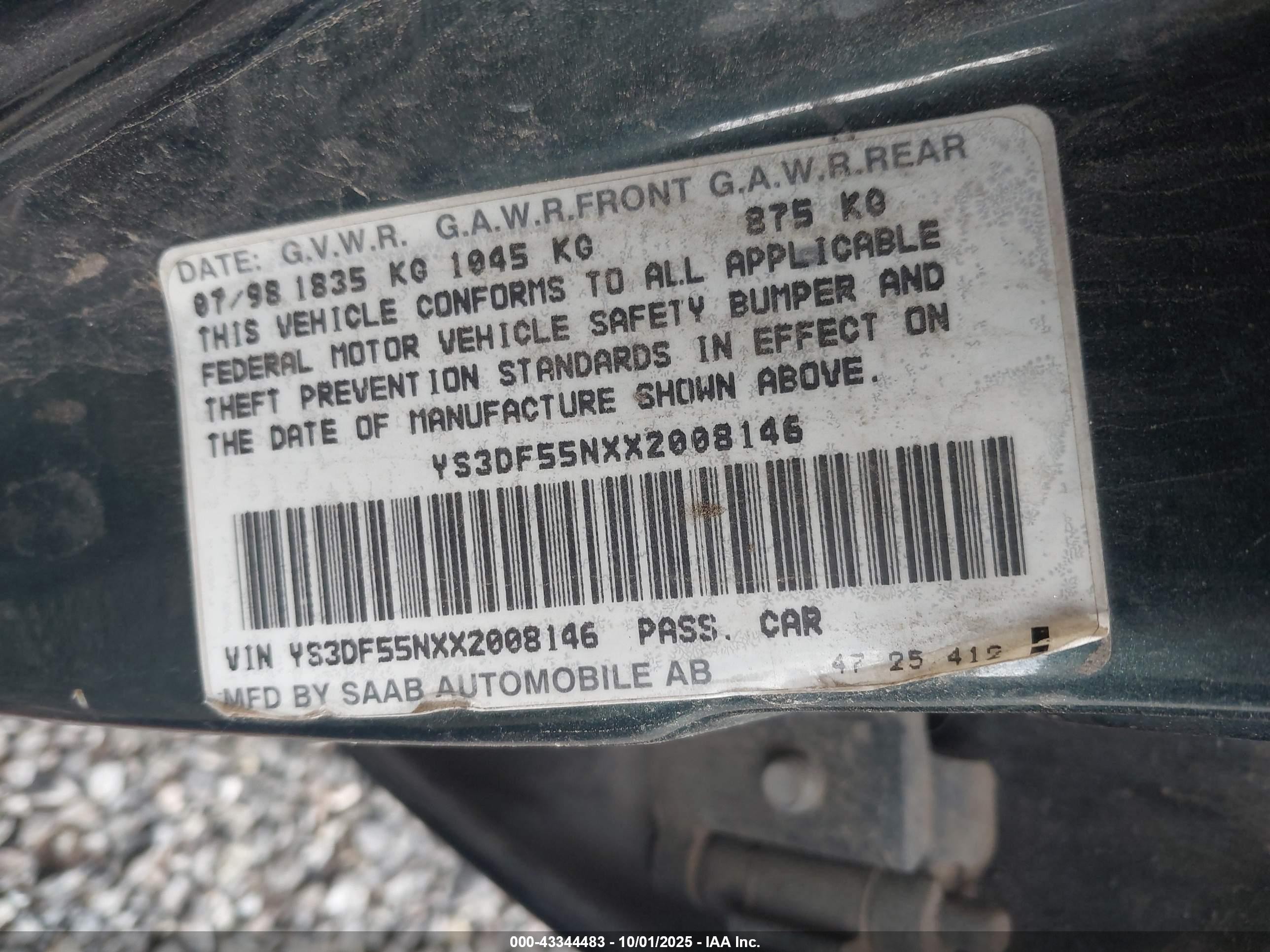 1999 Saab 9-3 Se Blue vin: YS3DF55NXX2008146