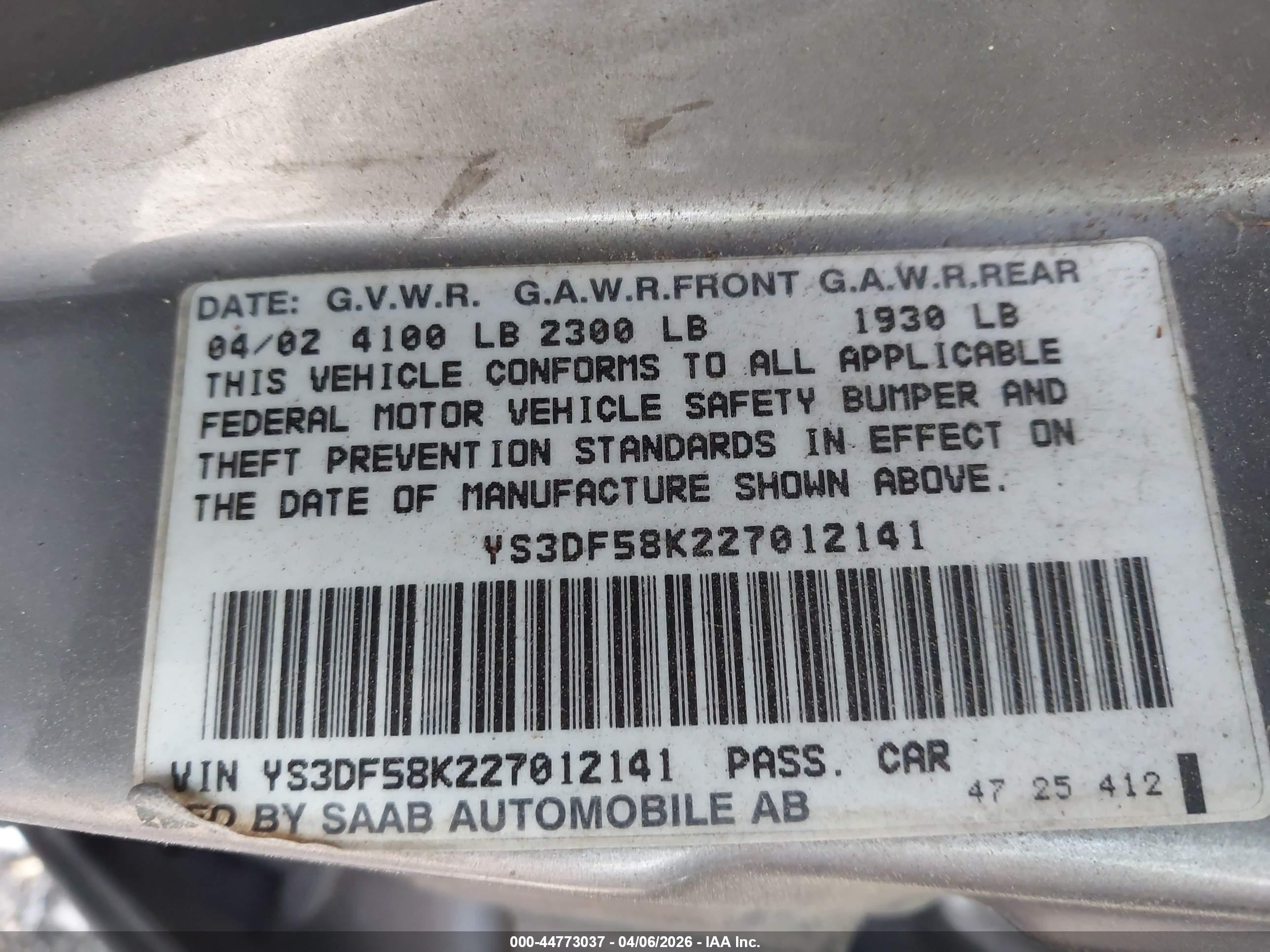 2002 Saab 9-3 Se Gray vin: YS3DF58K227012141
