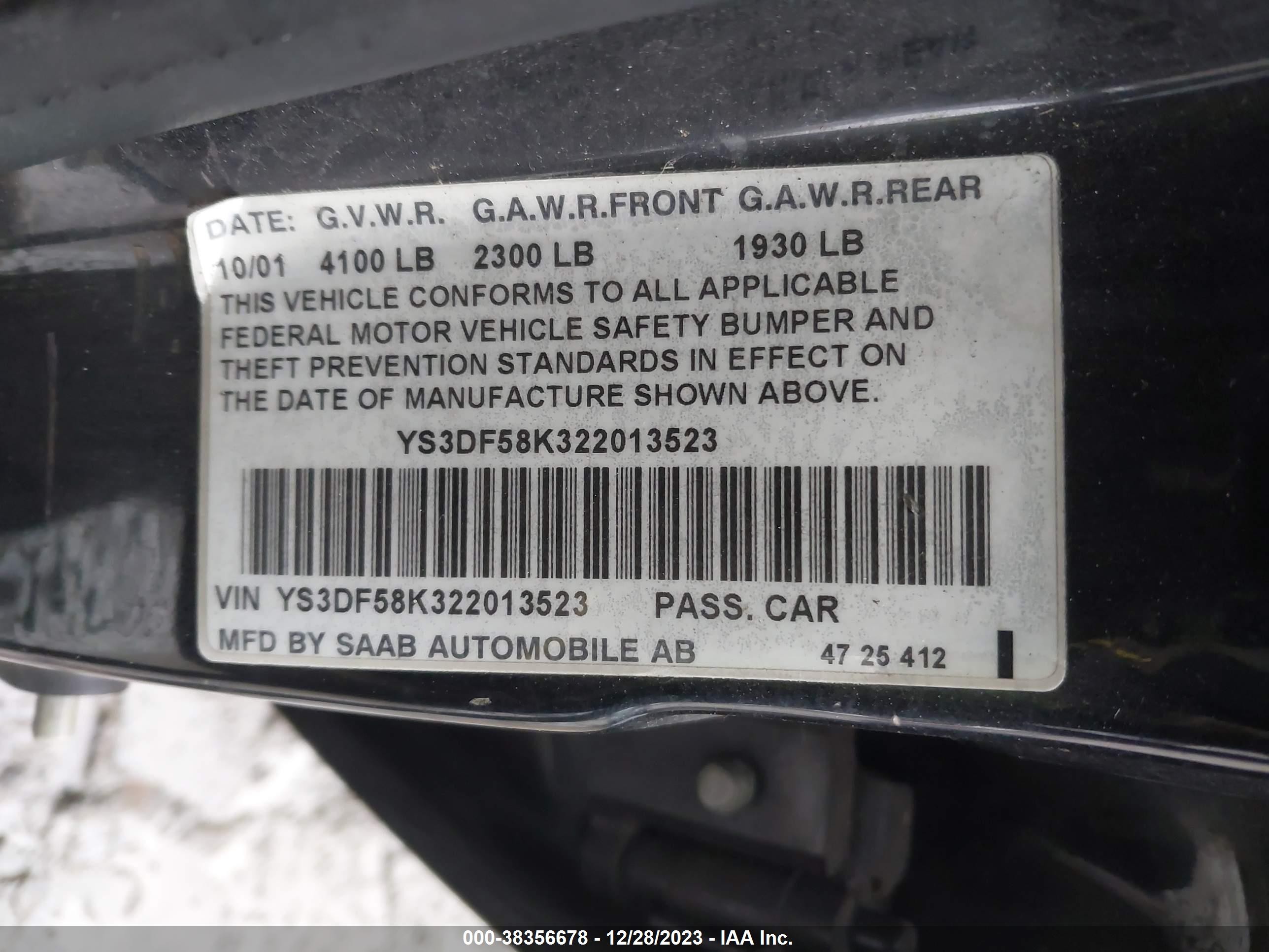 2002 Saab 9-3 Se Black vin: YS3DF58K322013523