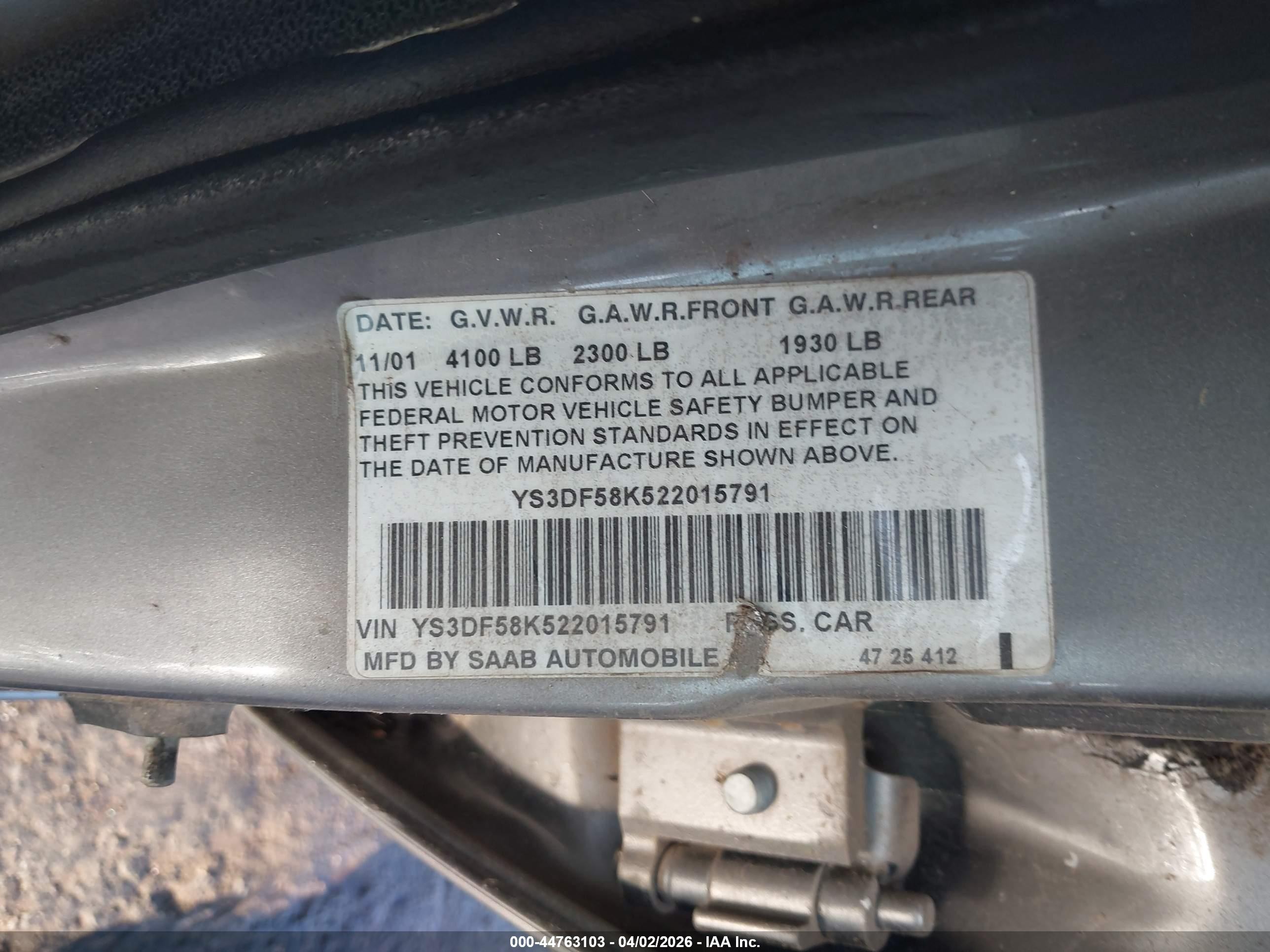 2002 Saab 9-3 Se Silver vin: YS3DF58K522015791