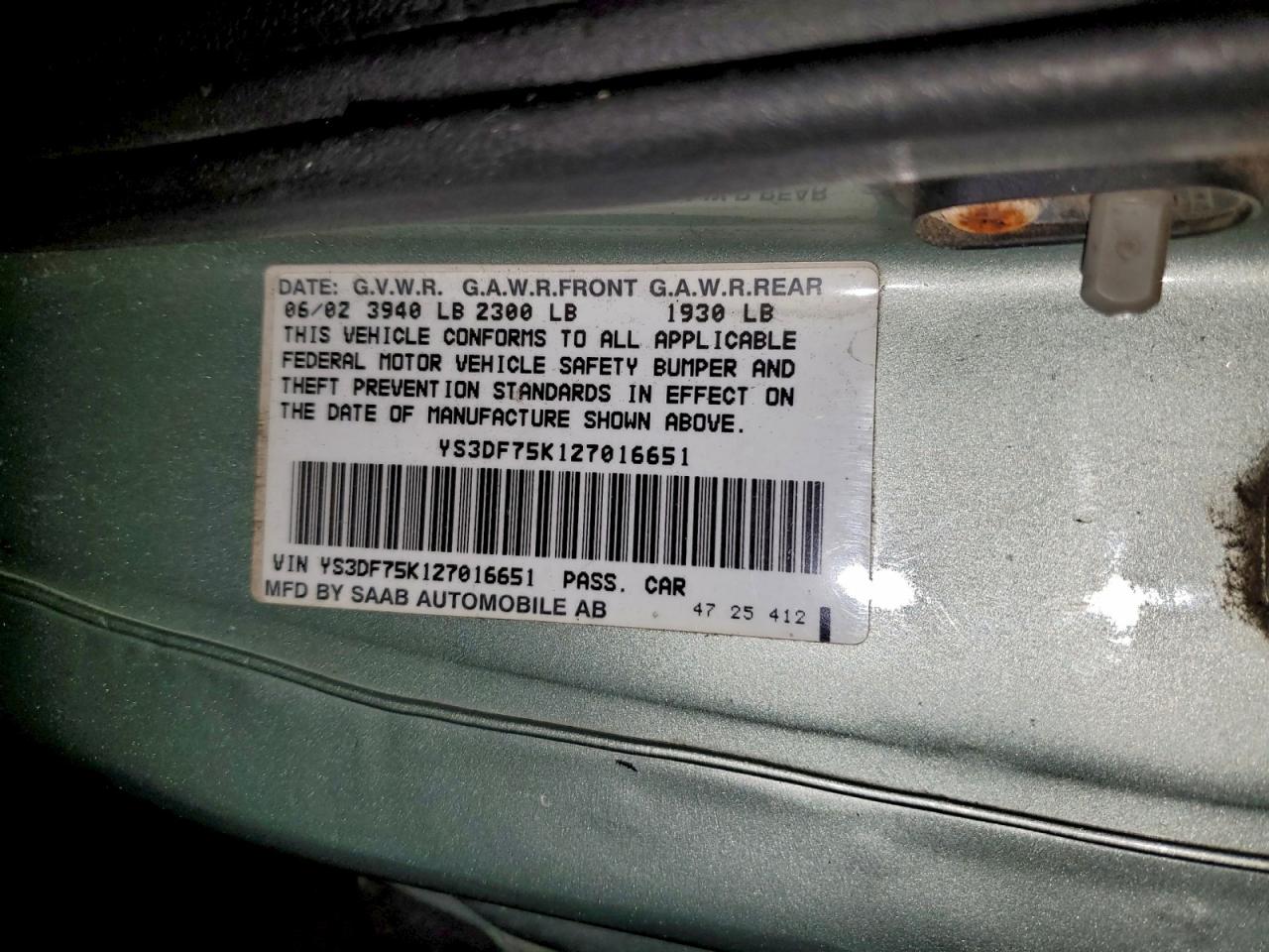 2002 Saab 9-3 Se Green vin: YS3DF75K127016651