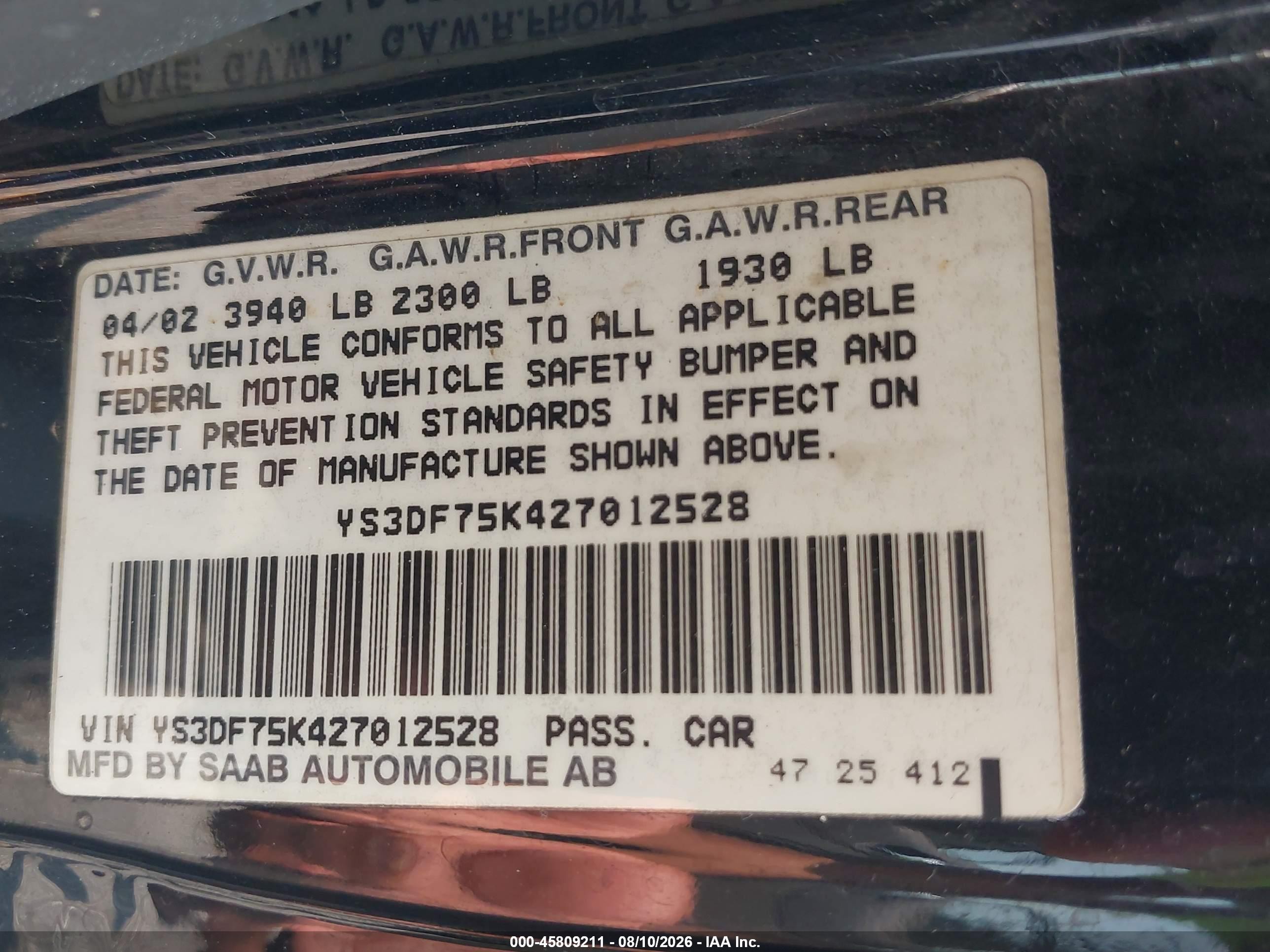 2002 Saab 9-3 Se Черный vin: YS3DF75K427012528