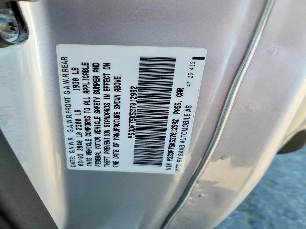2003 Saab 9-3 Se Silver vin: YS3DF75K537012992