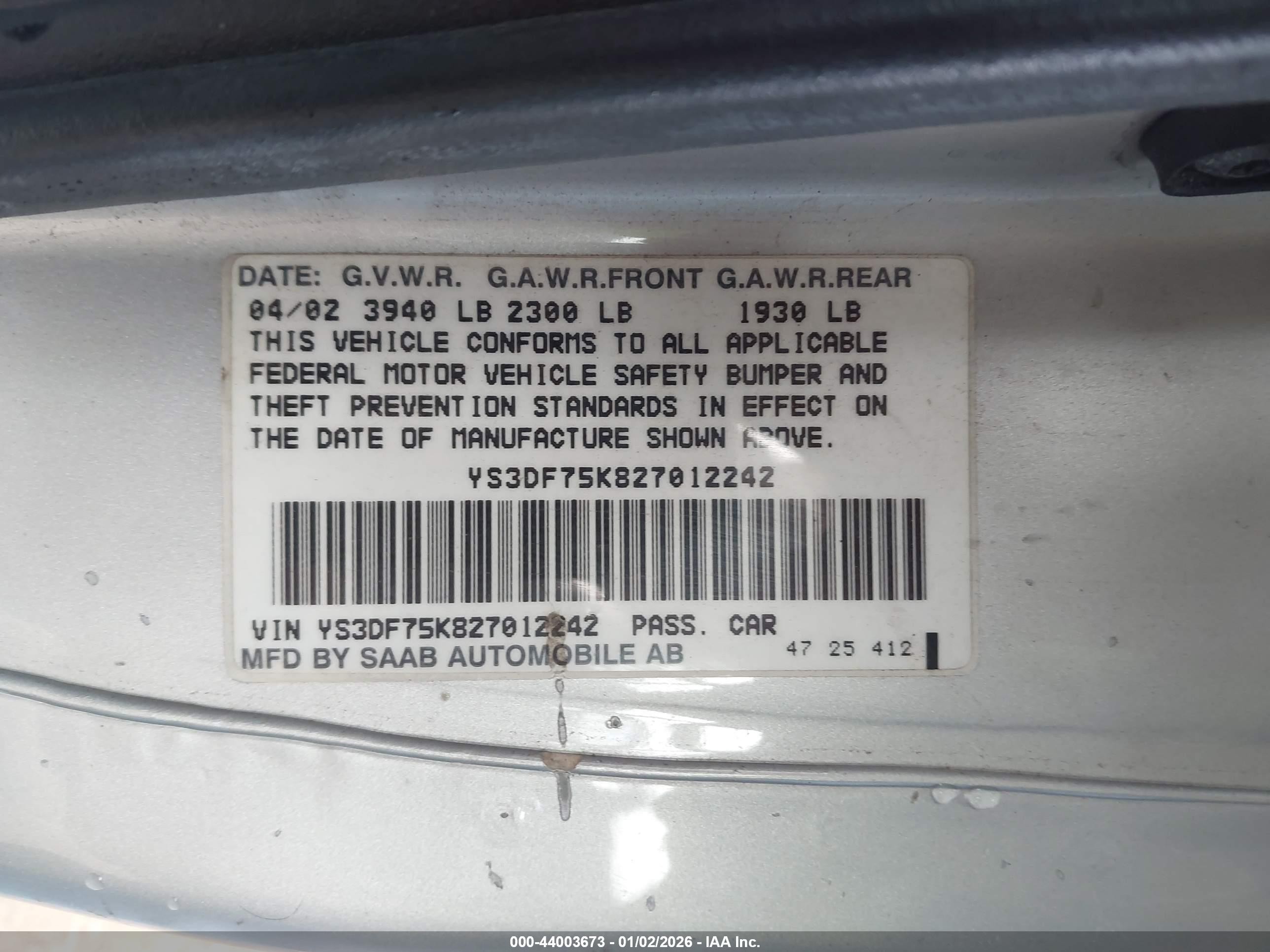 2002 Saab 9-3 Se Silver vin: YS3DF75K827012242