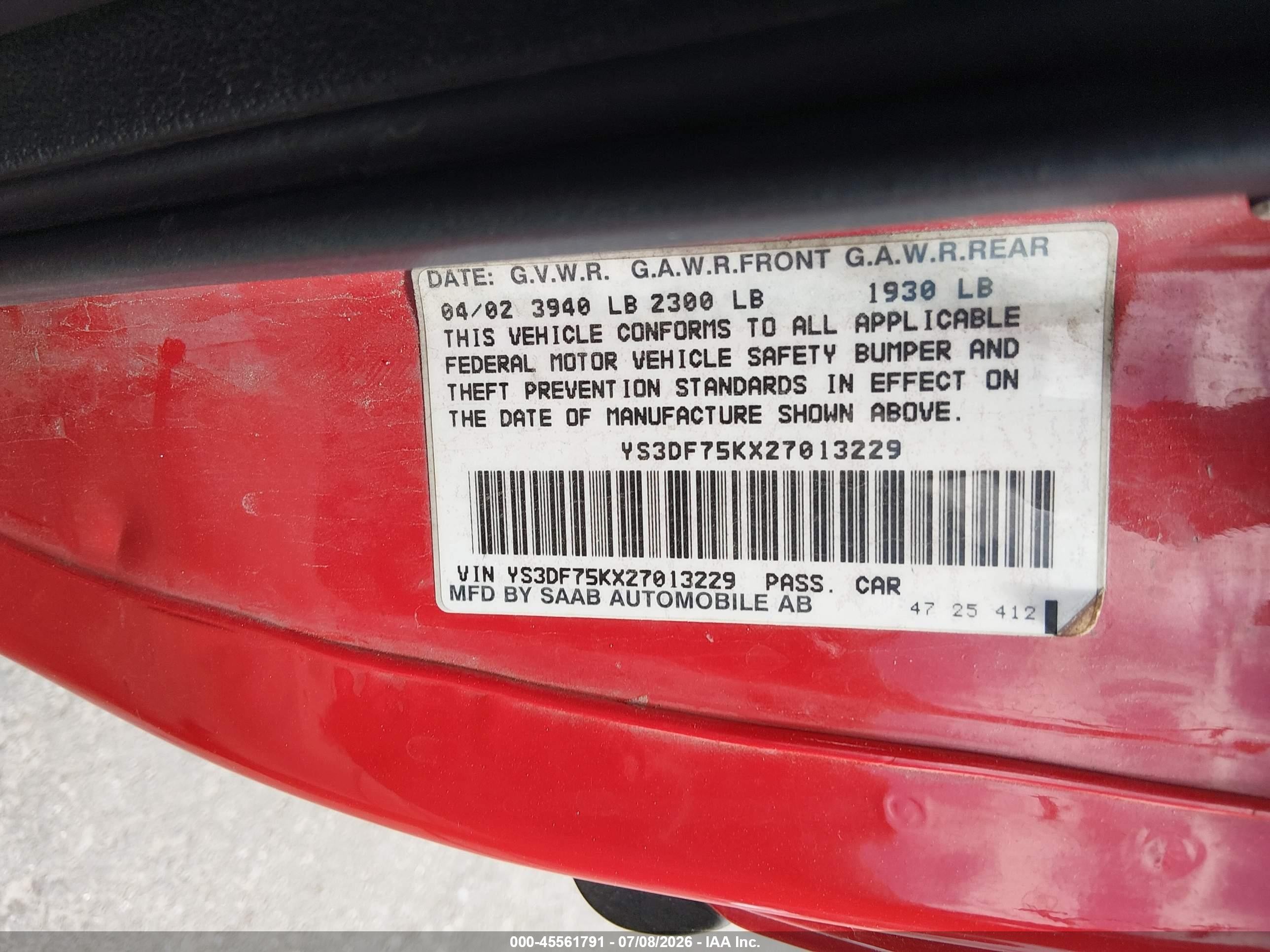 2002 Saab 9-3 Se Красный vin: YS3DF75KX27013229