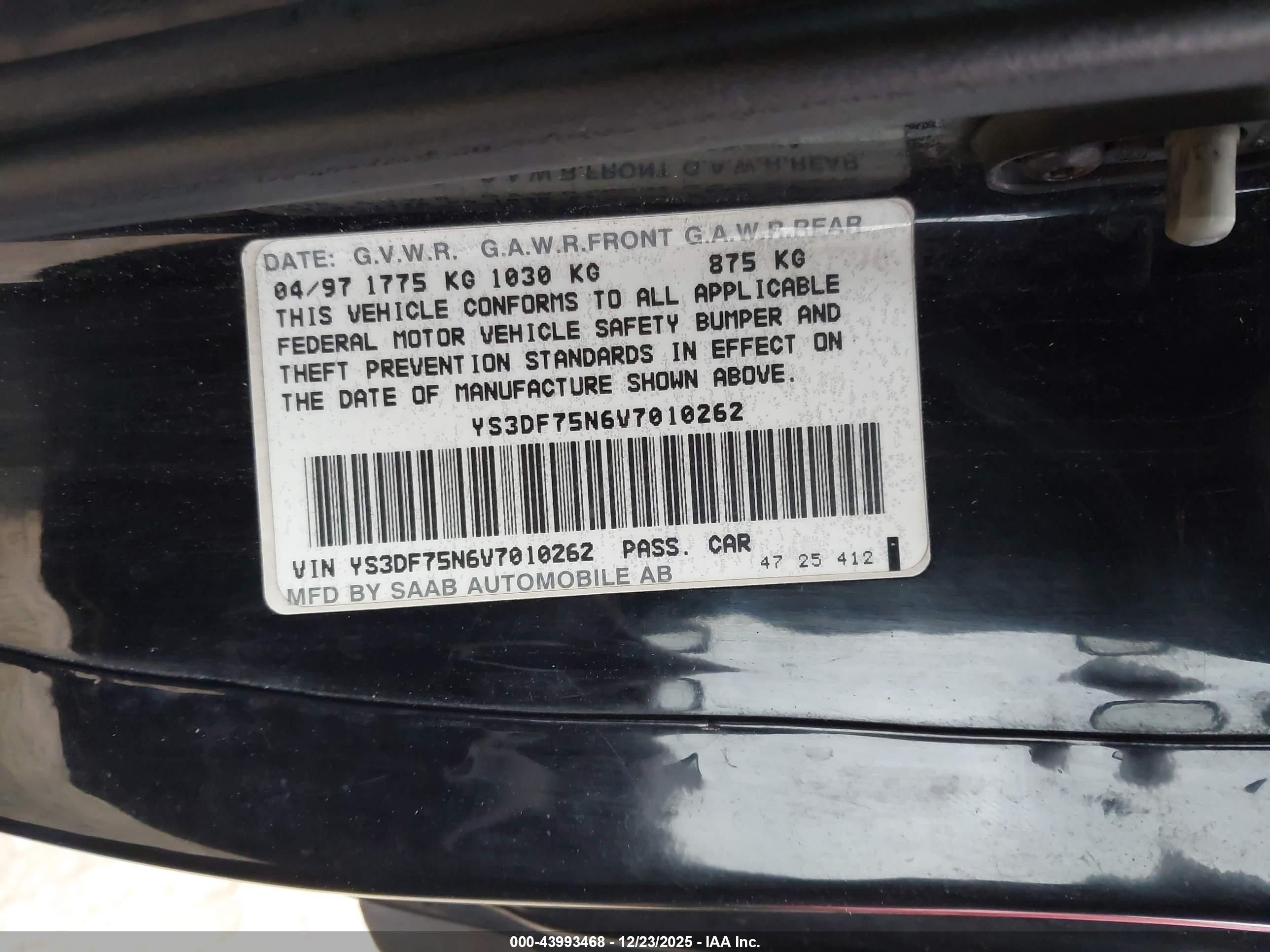 1997 Saab 900 Se Черный vin: YS3DF75N6V7010262