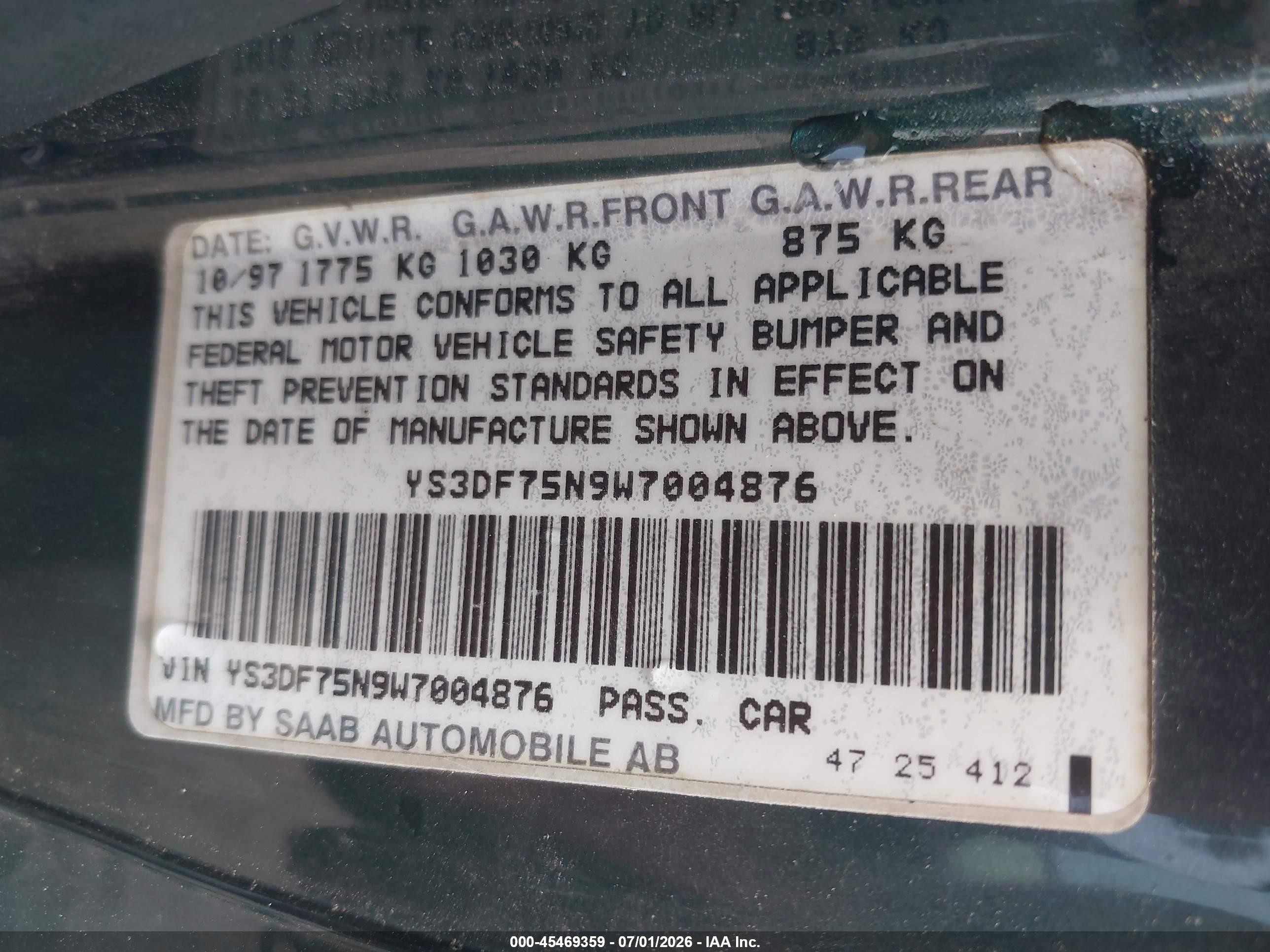 1998 Saab 900 Se Green vin: YS3DF75N9W7004876