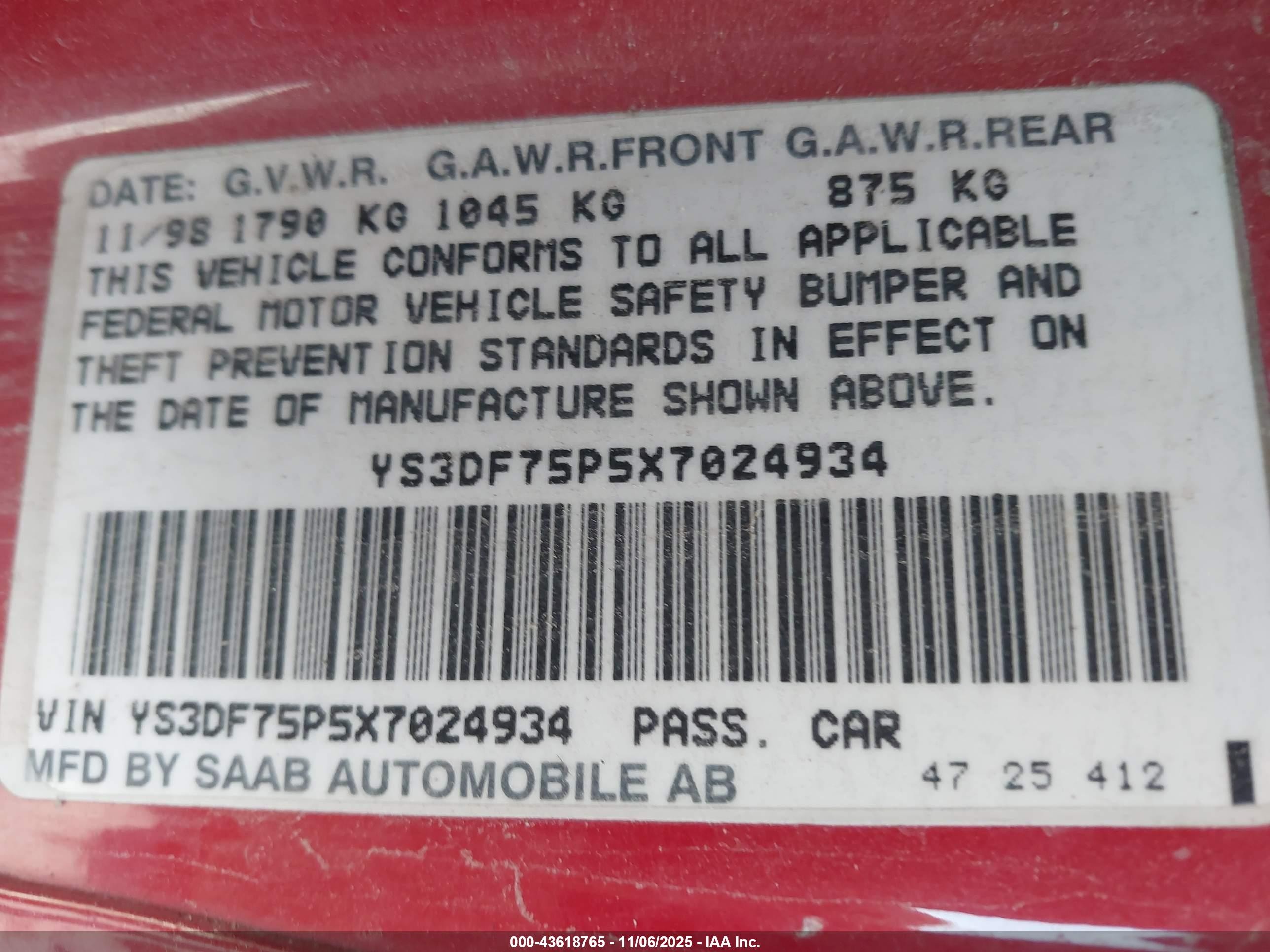 1999 Saab 9-3 Se Red vin: YS3DF75P5X7024934