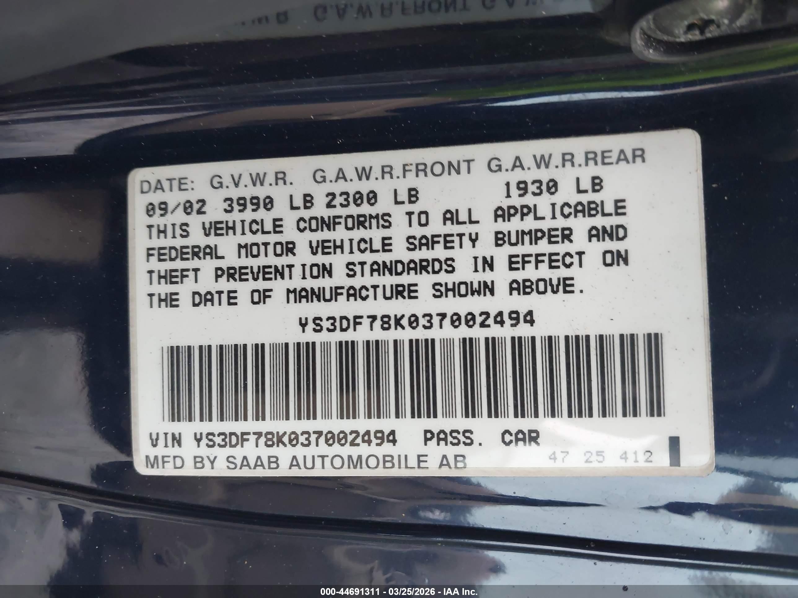 2003 Saab 9-3 Se Blue vin: YS3DF78K037002494