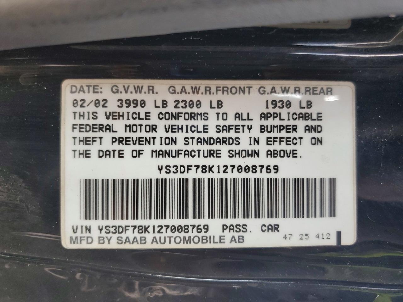2002 Saab 9-3 Se Black vin: YS3DF78K127008769