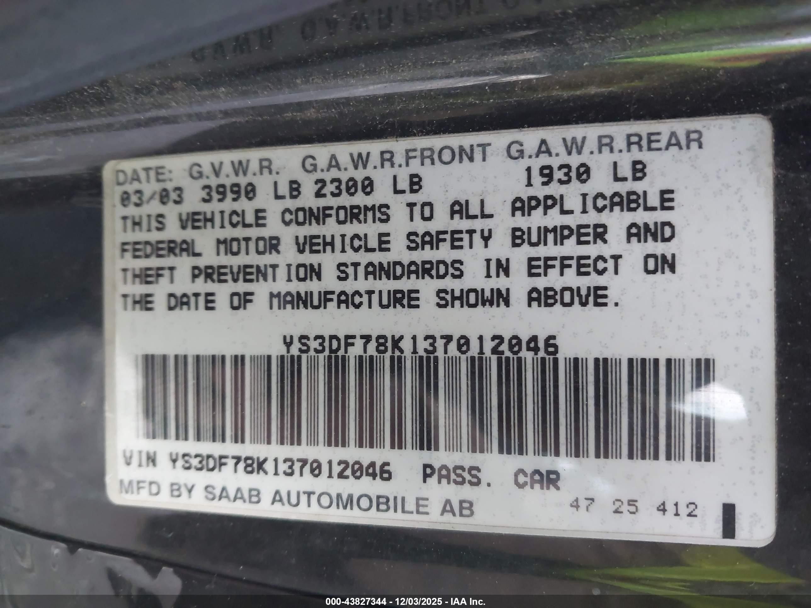 2003 Saab 9-3 Se Black vin: YS3DF78K137012046