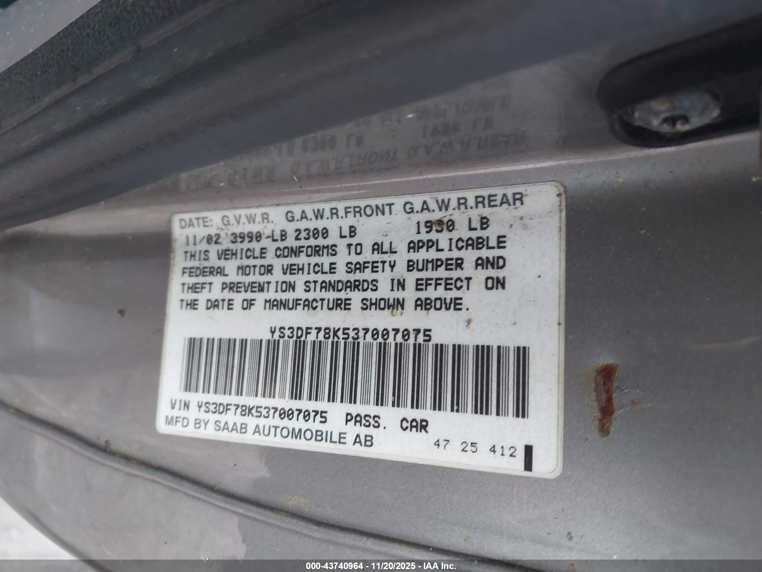 2003 Saab 9-3 Se Gray vin: YS3DF78K537007075