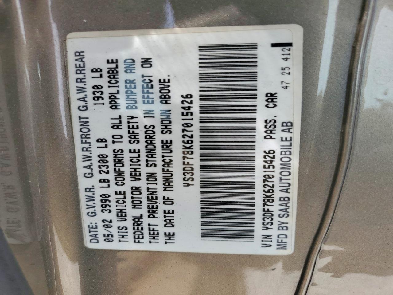 2002 Saab 9-3 Se Tan vin: YS3DF78K627015426