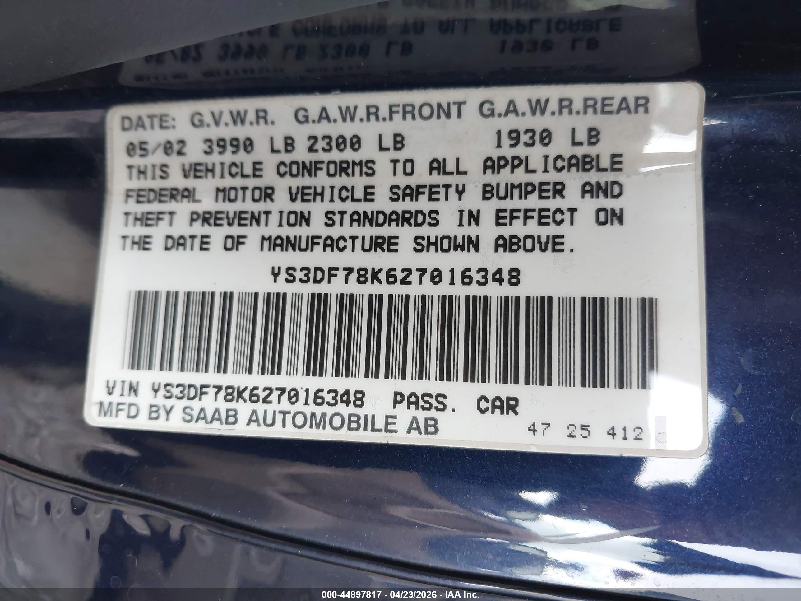 2002 Saab 9-3 Se Blue vin: YS3DF78K627016348