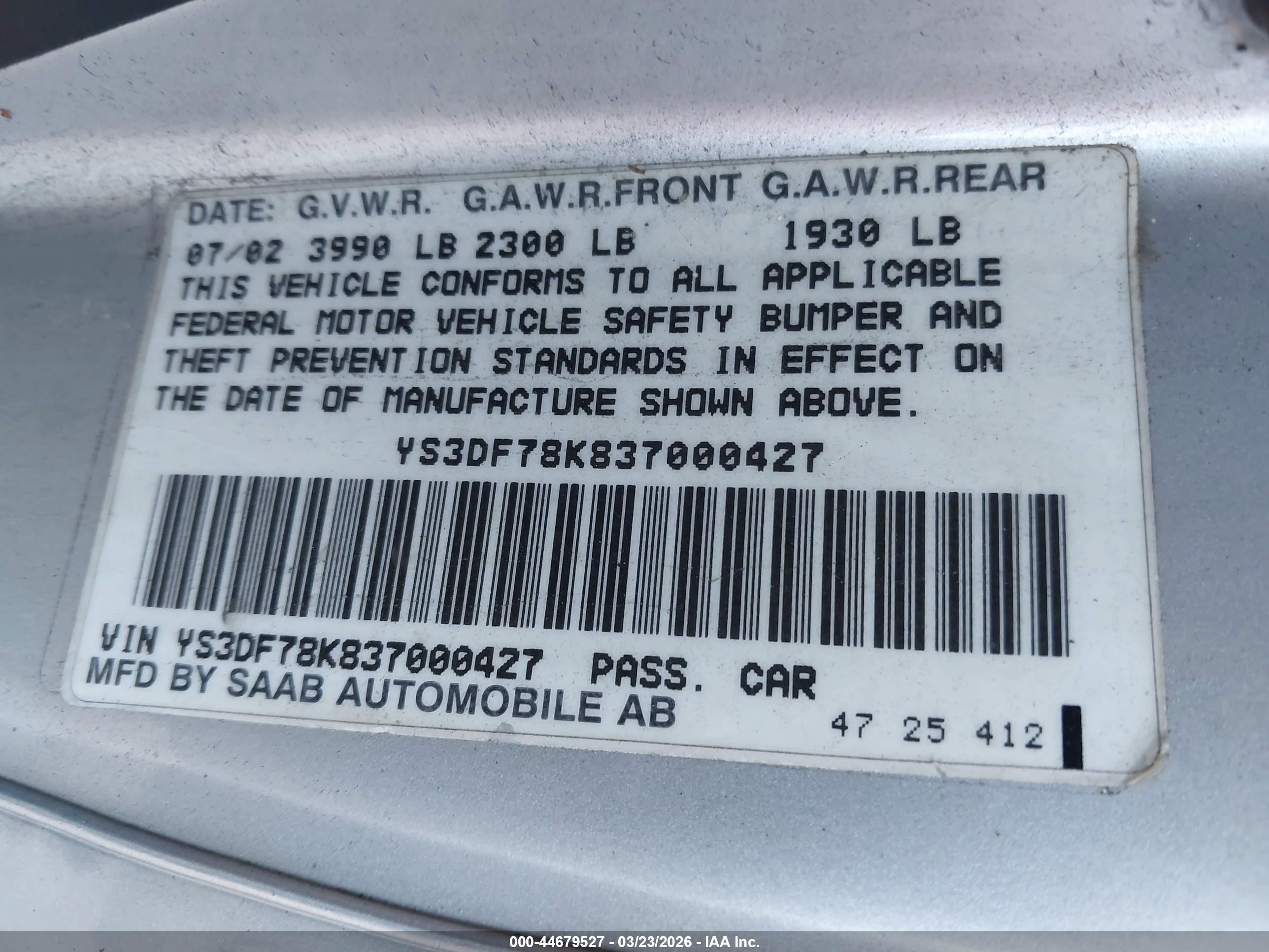 2003 Saab 9-3 Se Silver vin: YS3DF78K837000427