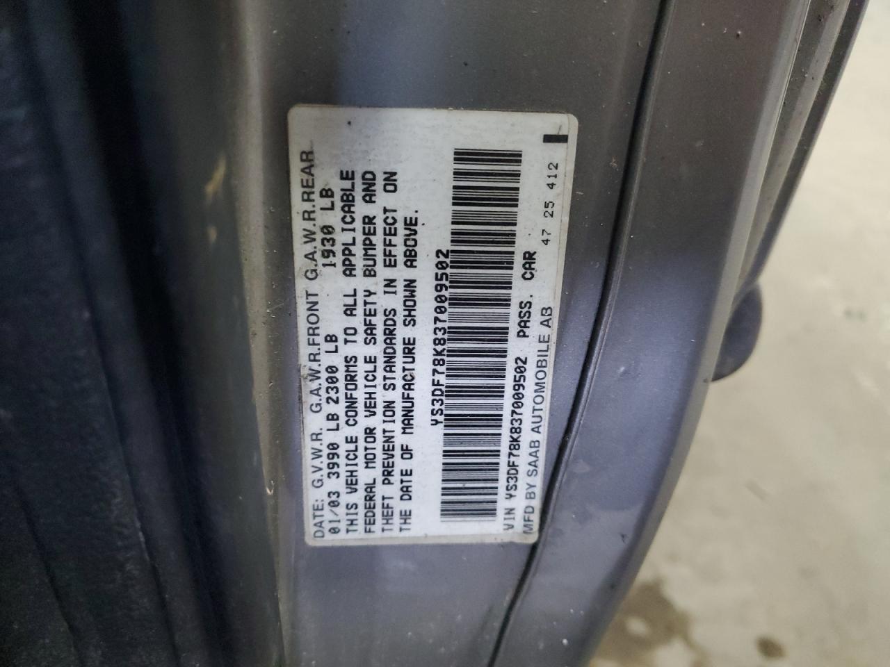 2003 Saab 9-3 Se Silver vin: YS3DF78K837009502