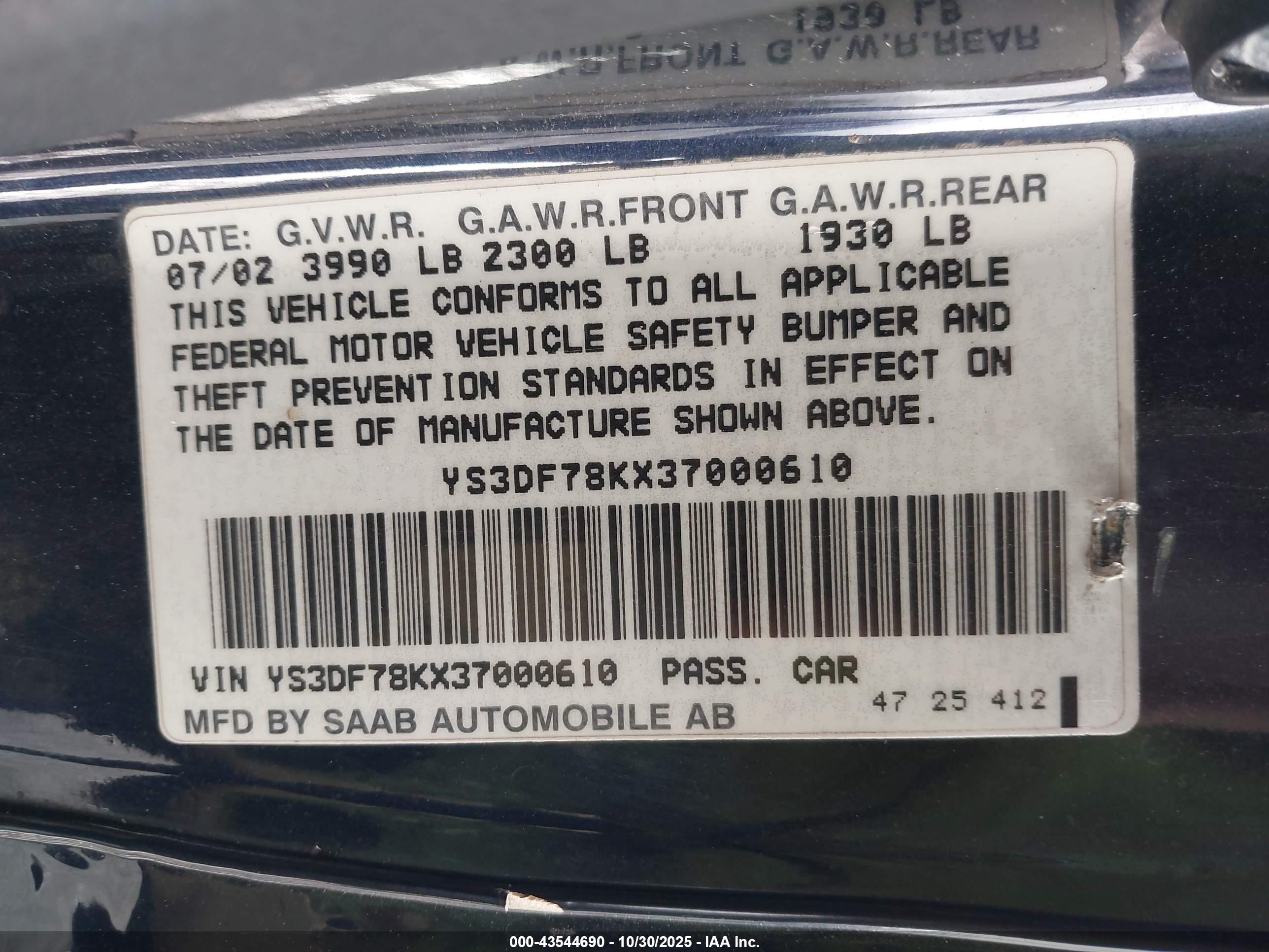 2003 Saab 9-3 Se Blue vin: YS3DF78KX37000610