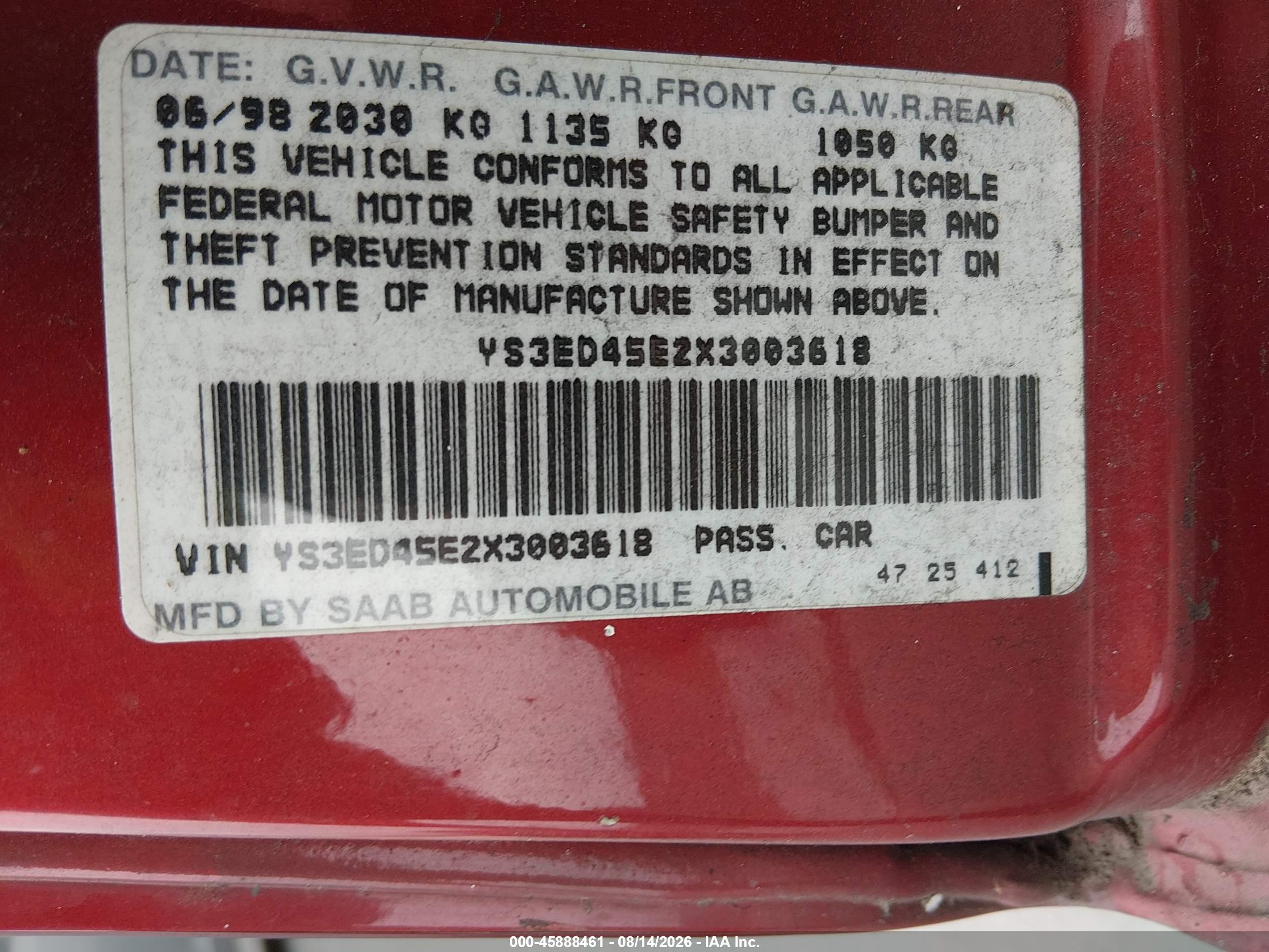 1999 Saab 9-5   Red vin: YS3ED45E2X3003618