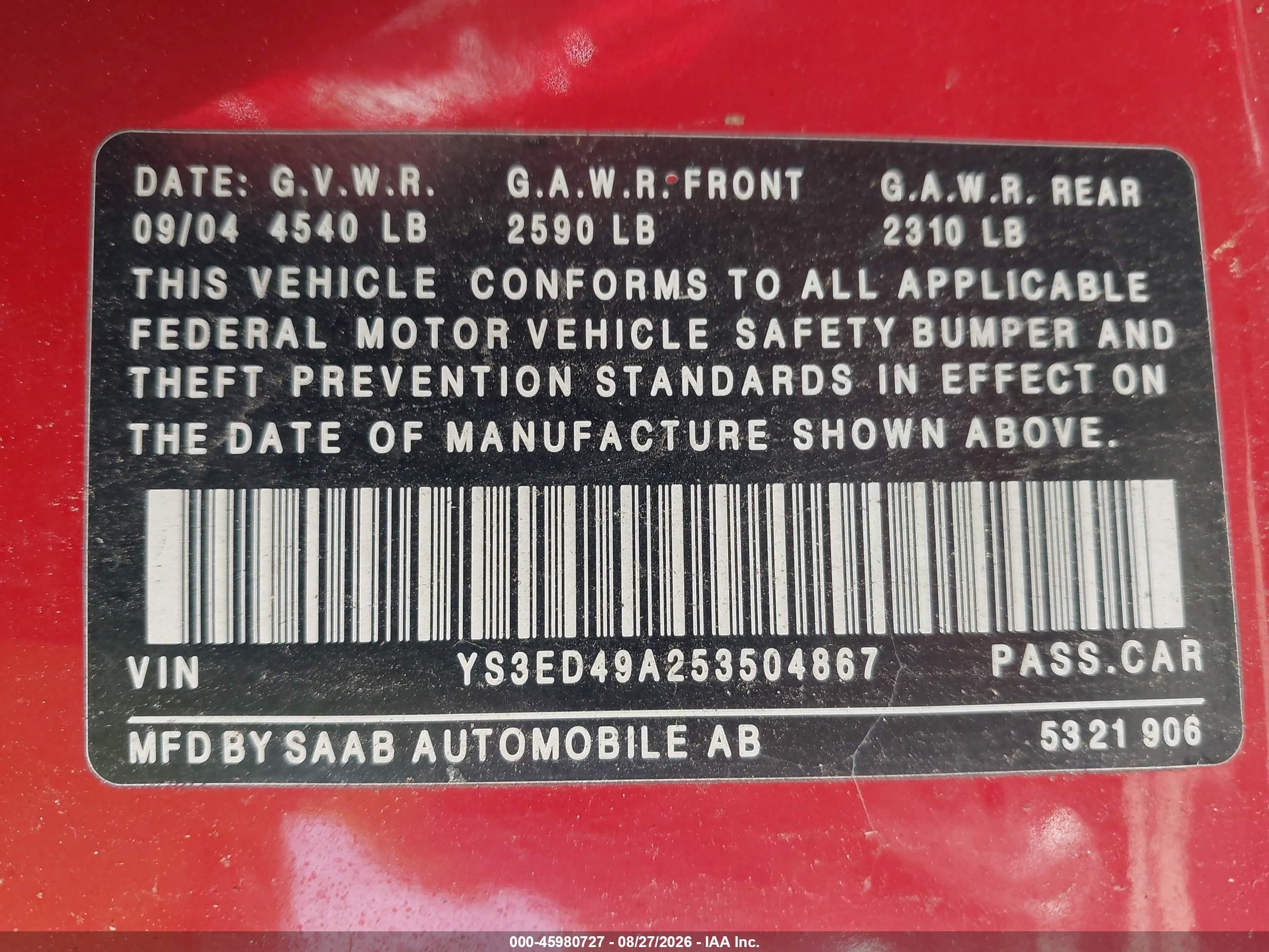 2005 Saab 9-5 Arc Red vin: YS3ED49A253504867