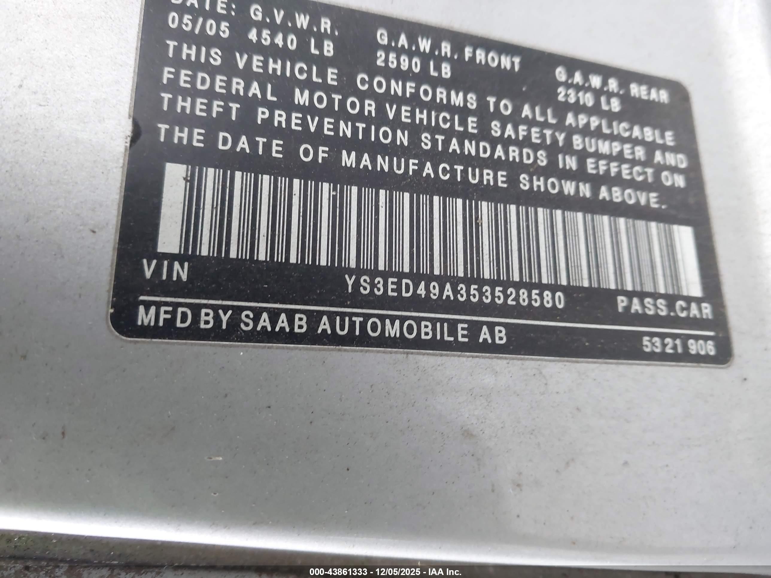 2005 Saab 9-5 Arc Silver vin: YS3ED49A353528580
