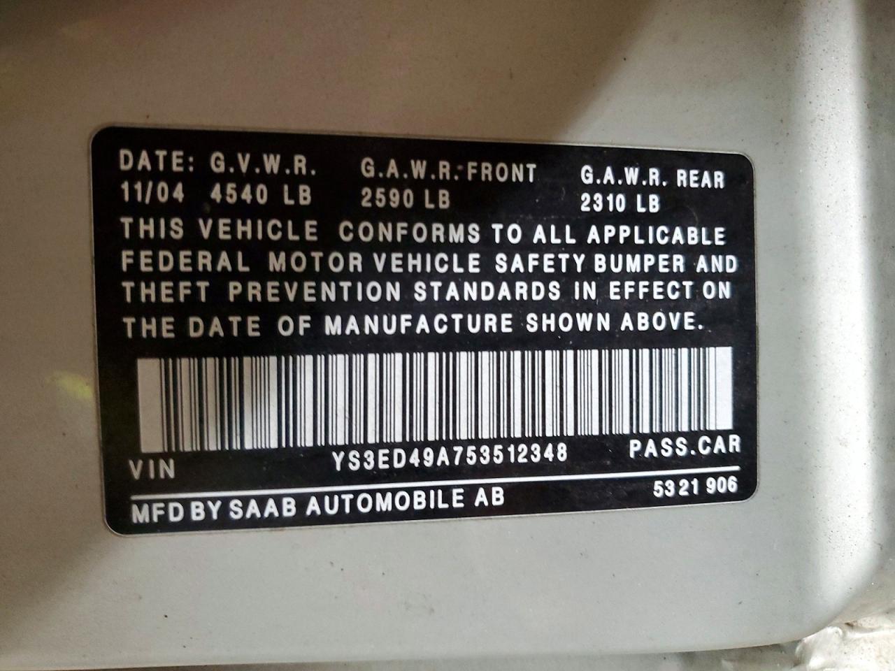 2005 Saab 9-5 Arc Tan vin: YS3ED49A753512348