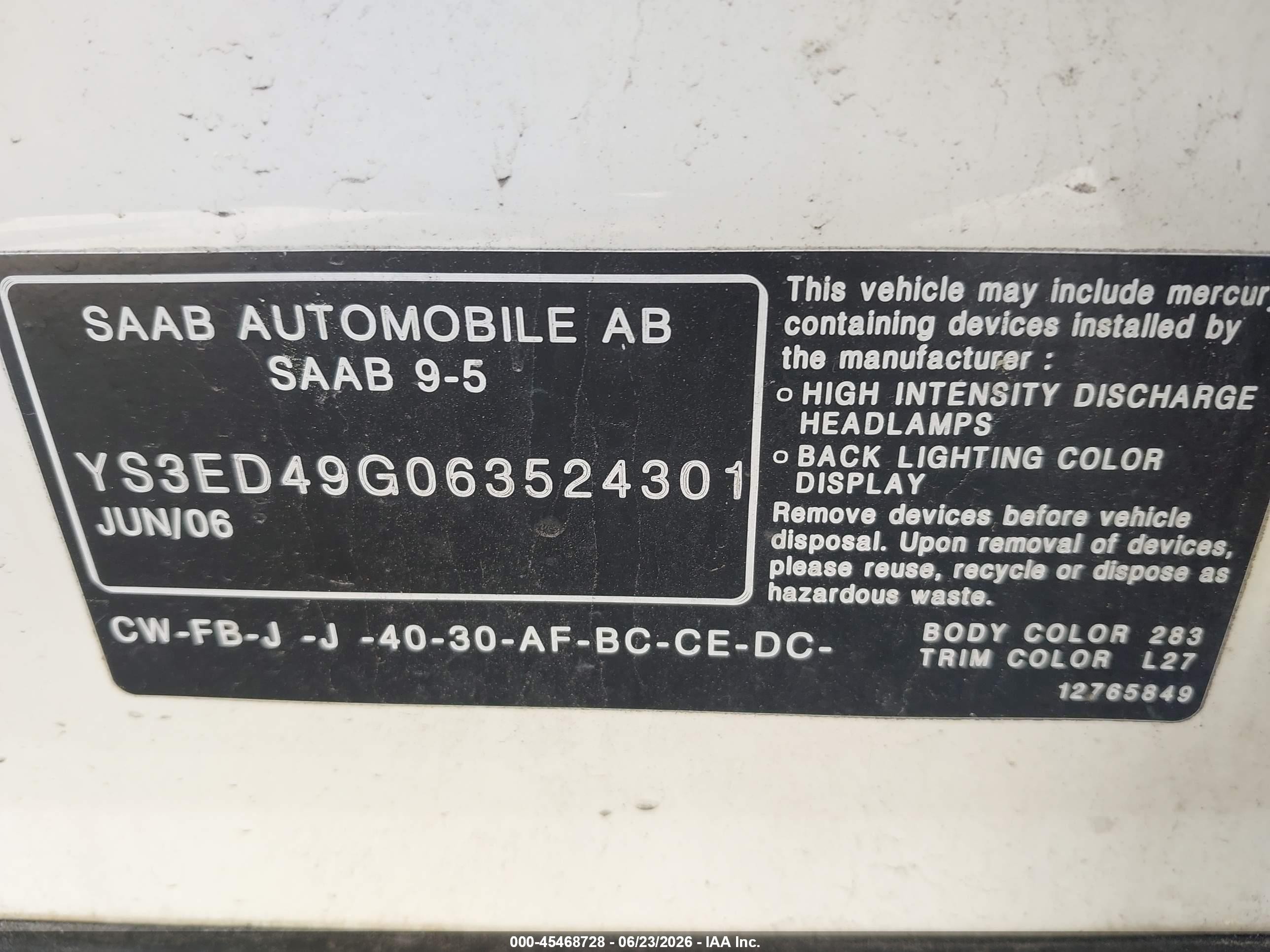 2006 Saab 9-5 2.3t Cream vin: YS3ED49G063524301