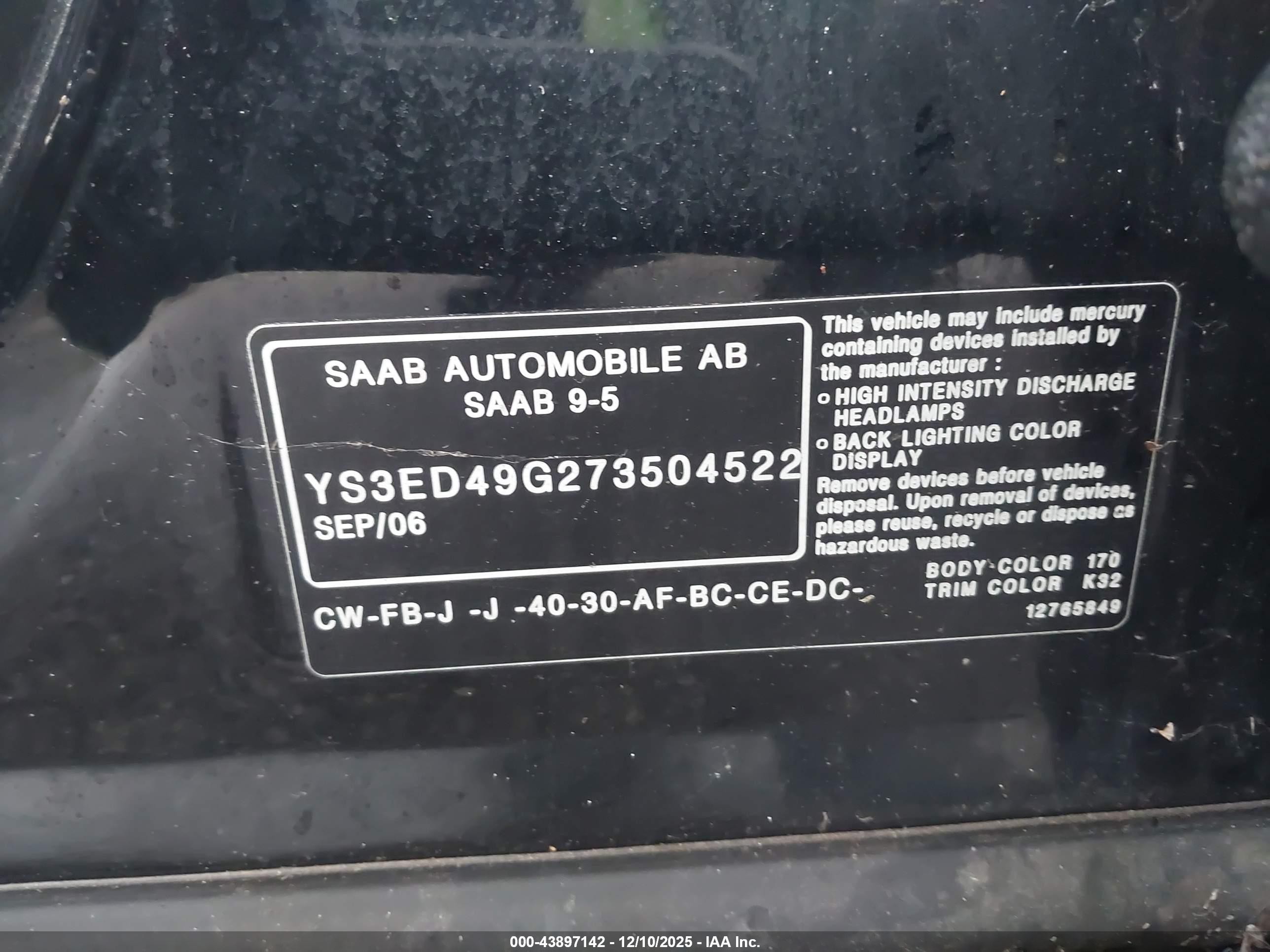 2007 Saab 9-5 2.3t Black vin: YS3ED49G273504522