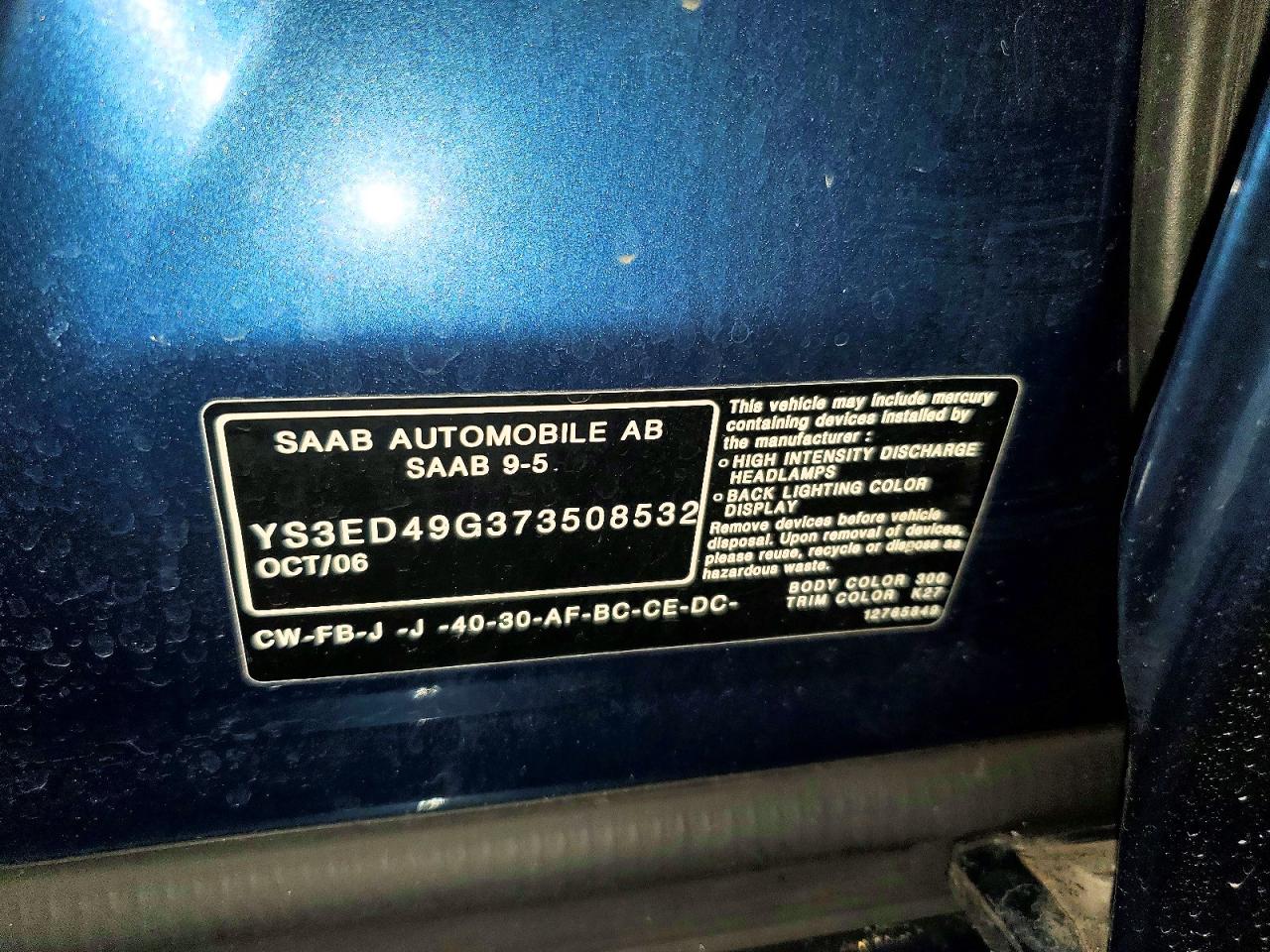 2007 Saab 9-5 2.3t Blue vin: YS3ED49G373508532