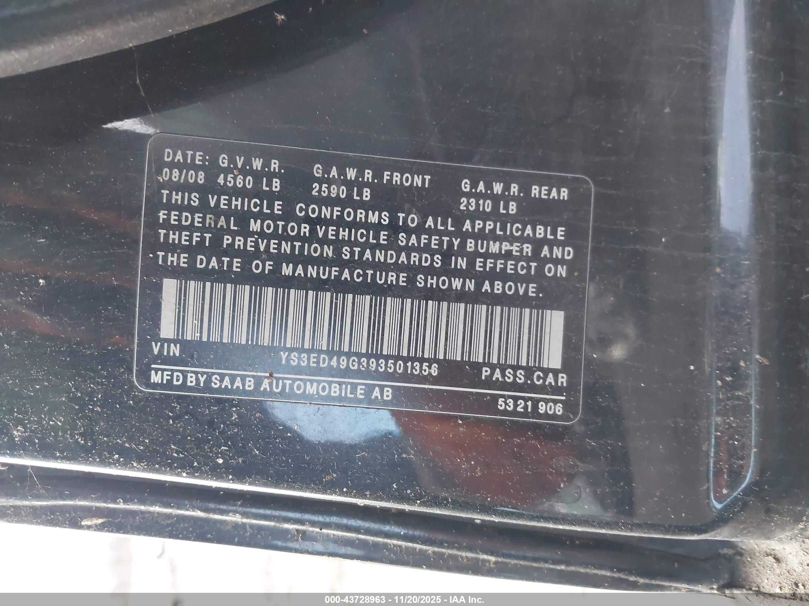 2009 Saab 9-5 2.3t Black vin: YS3ED49G393501356
