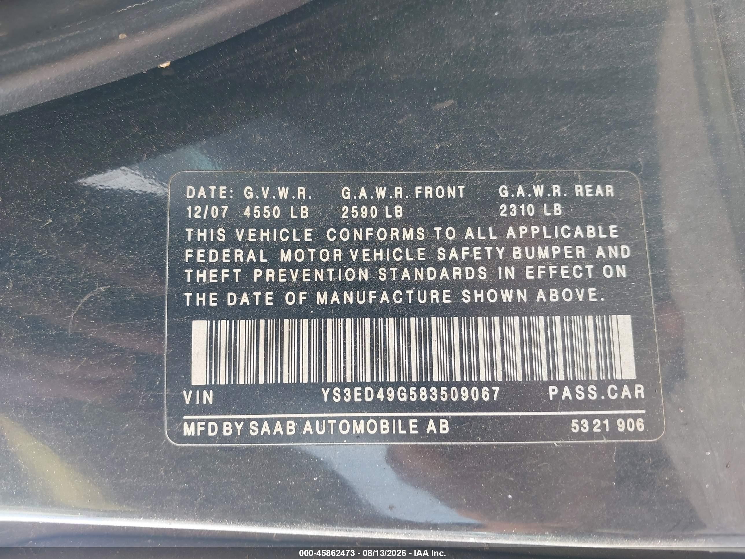 2008 Saab 9-5 2.3t Черный vin: YS3ED49G583509067