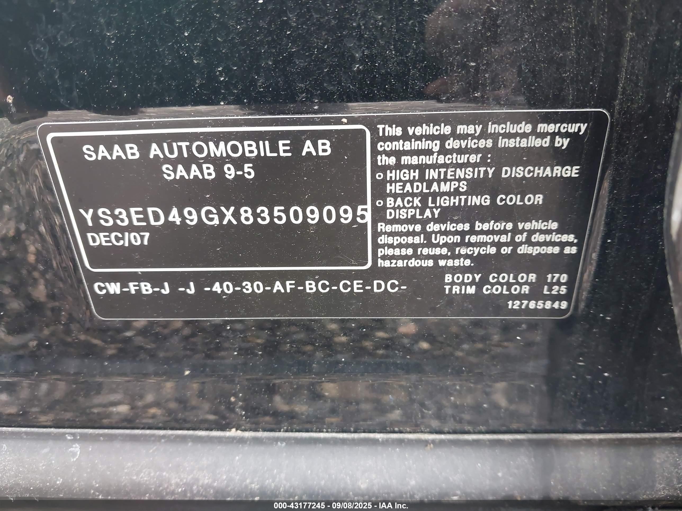 2008 Saab 9-5 2.3t Black vin: YS3ED49GX83509095