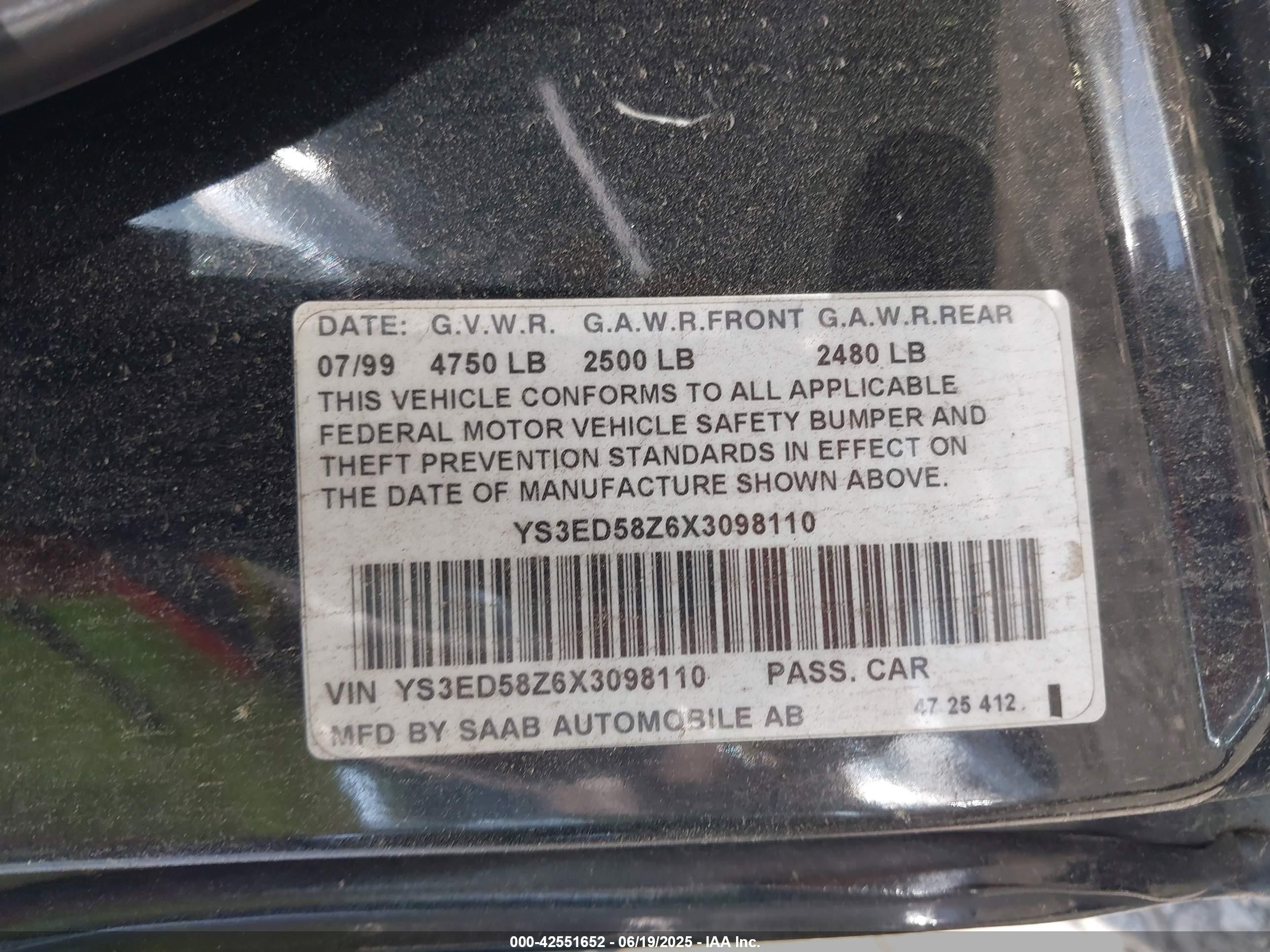 1999 Saab 9-5 3.0 Black vin: YS3ED58Z6X3098110