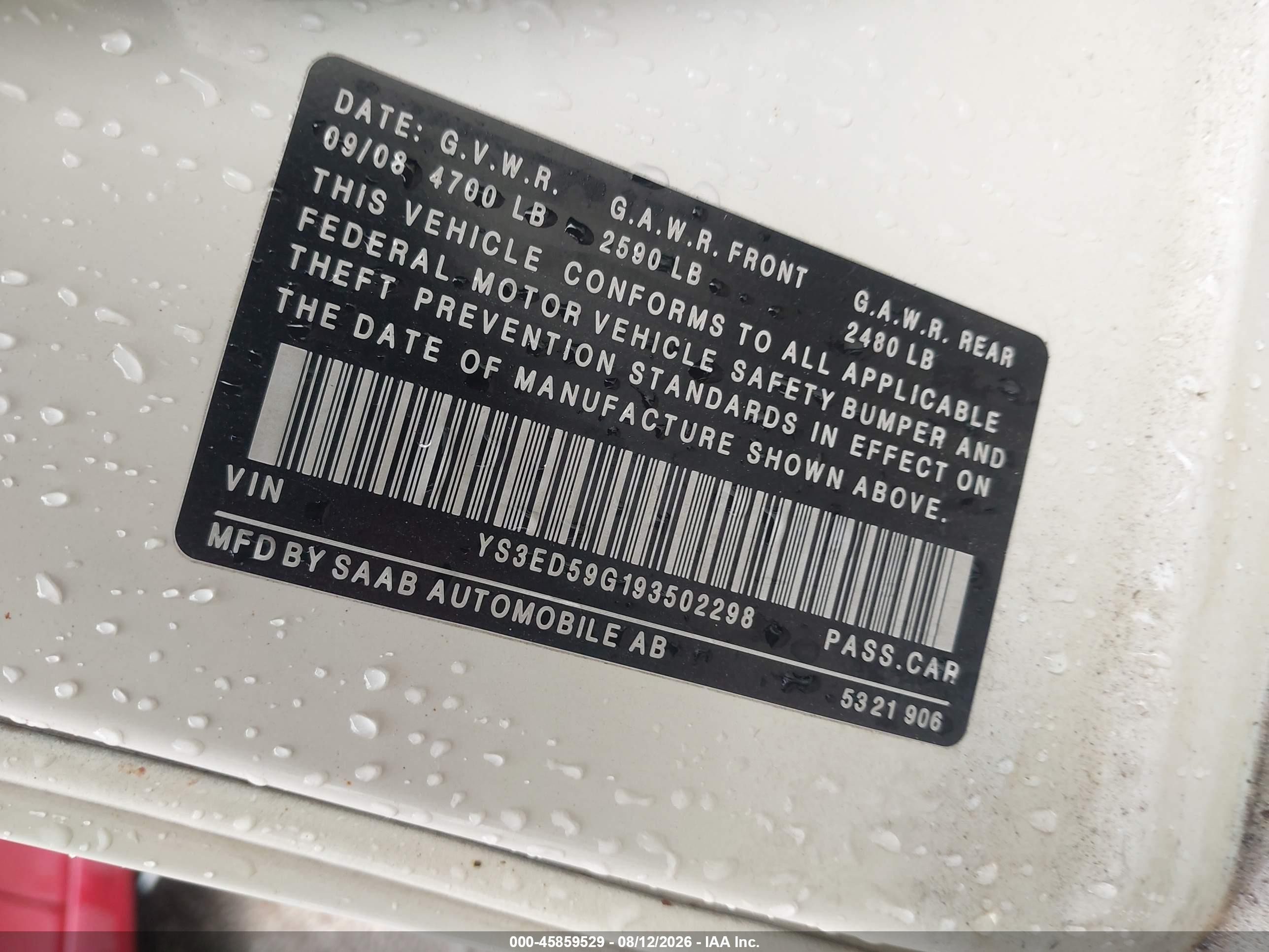 2009 Saab 9-5 2.3t Белый vin: YS3ED59G193502298