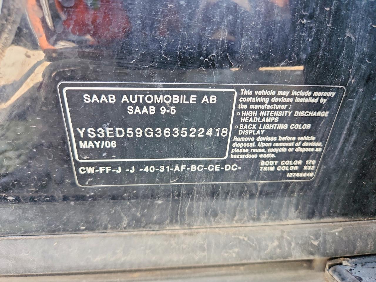 2006 Saab 9-5 Base Черный vin: YS3ED59G363522418