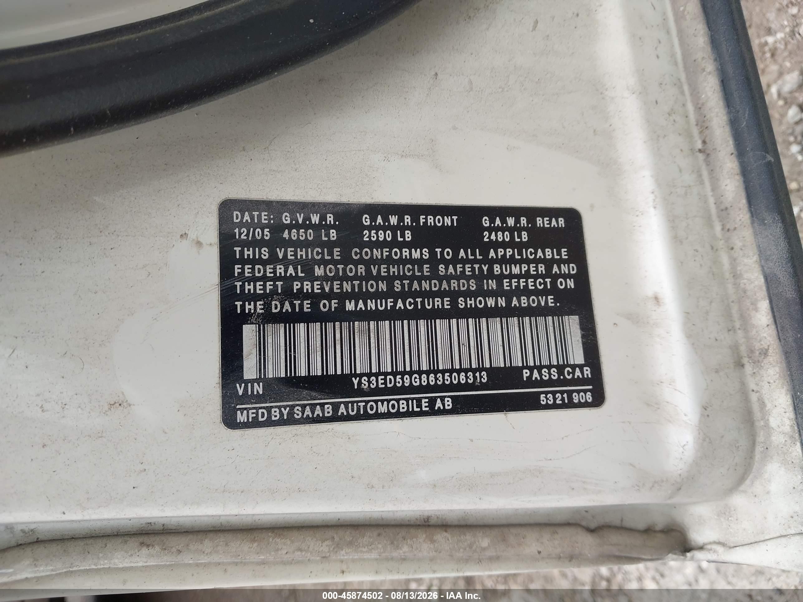 2006 Saab 9-5 2.3t White vin: YS3ED59G863506313