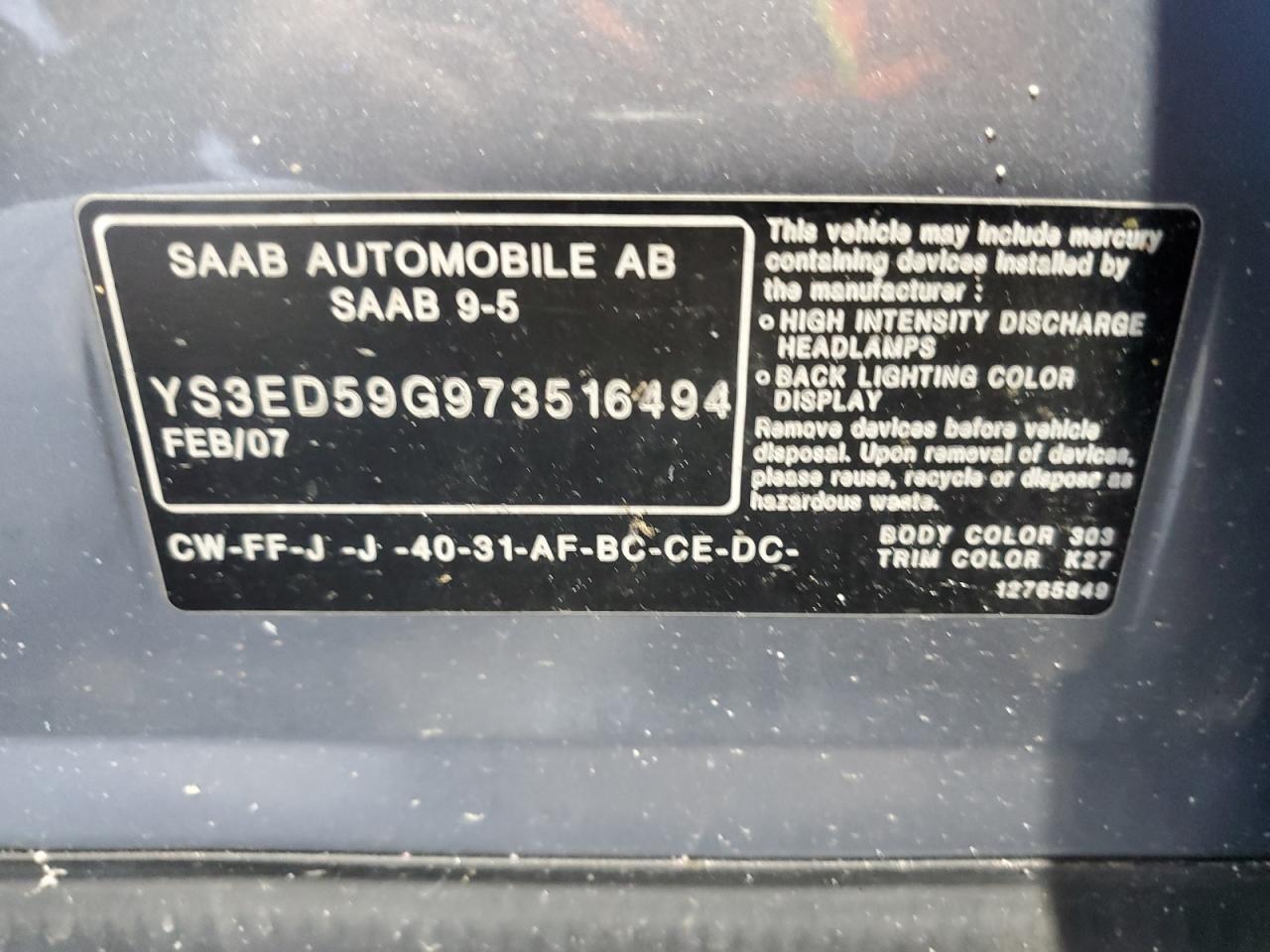 2007 Saab 9-5 2.3t Gray vin: YS3ED59G973516494
