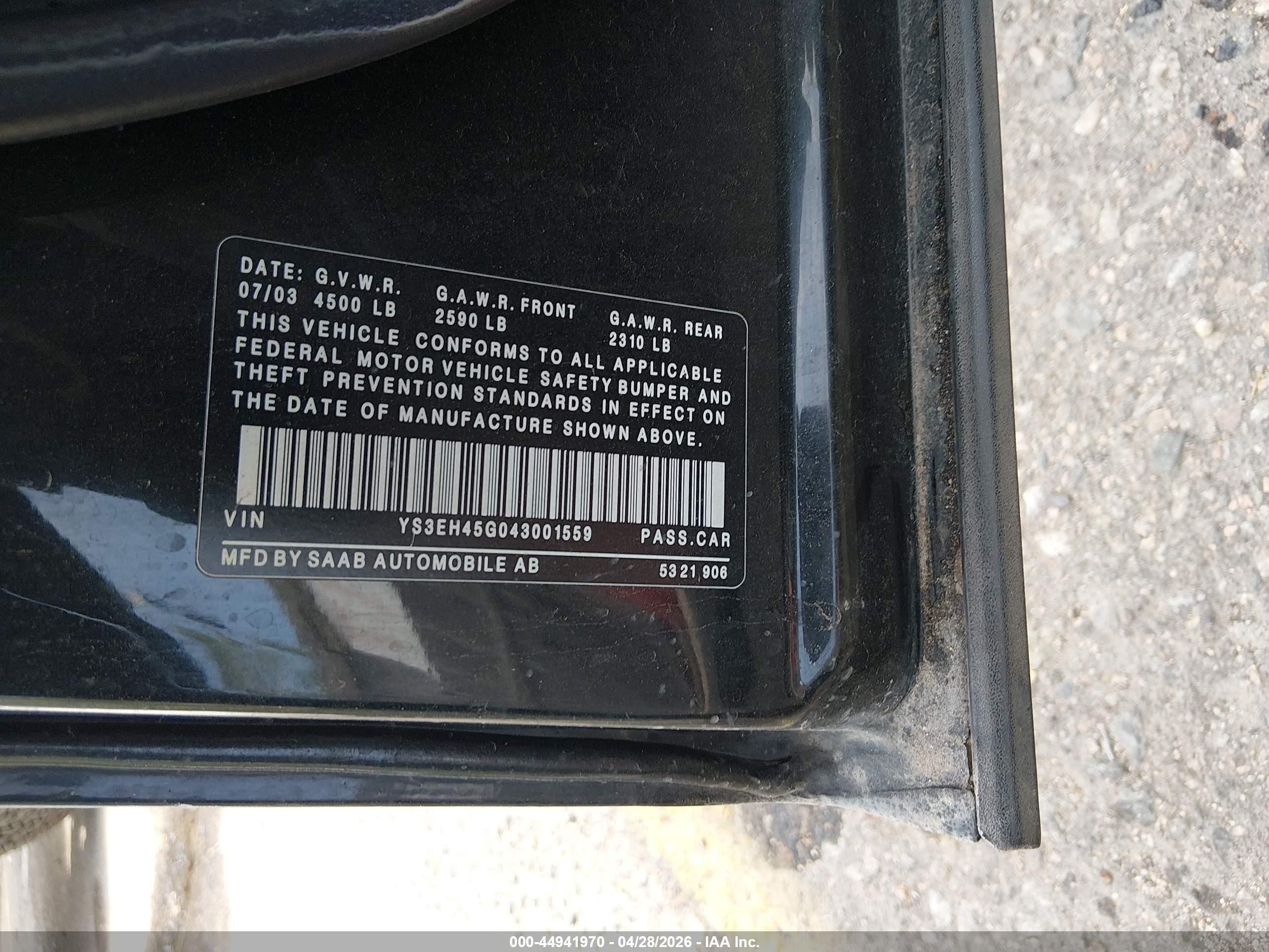 2004 Saab 9-5 Aero Black vin: YS3EH45G043001559
