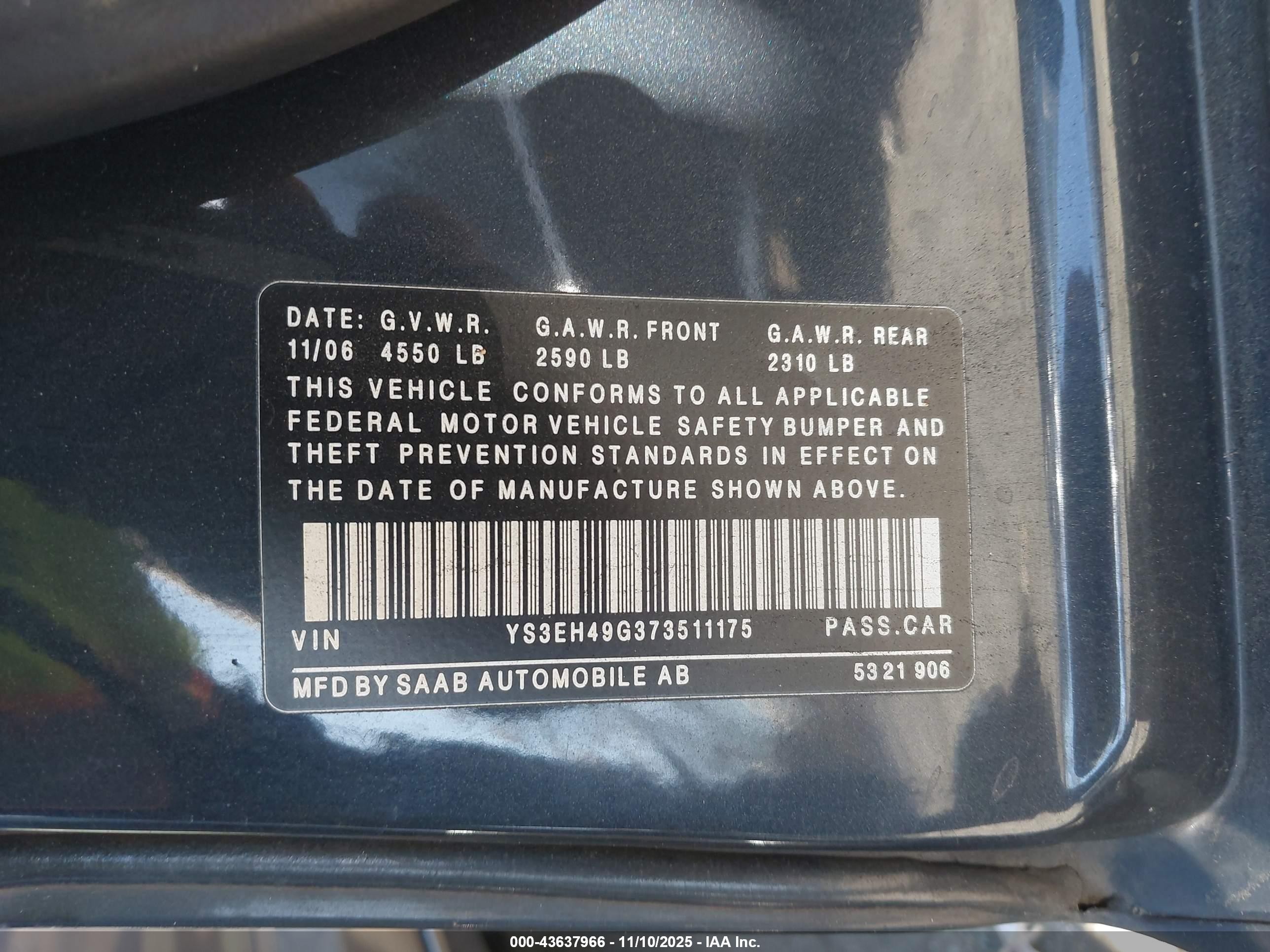 2007 Saab 9-5 2.3t W/aero Package Blue vin: YS3EH49G373511175