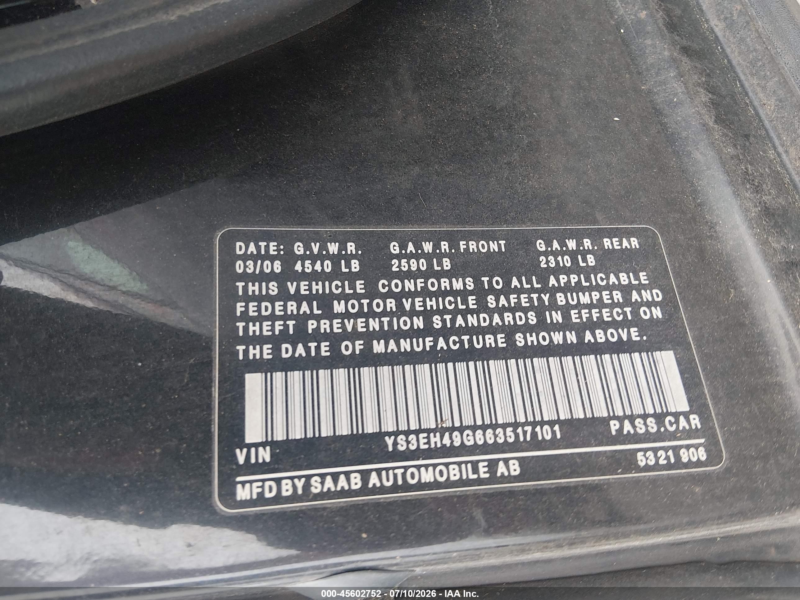 2006 Saab 9-5 2.3t Sport Черный vin: YS3EH49G663517101