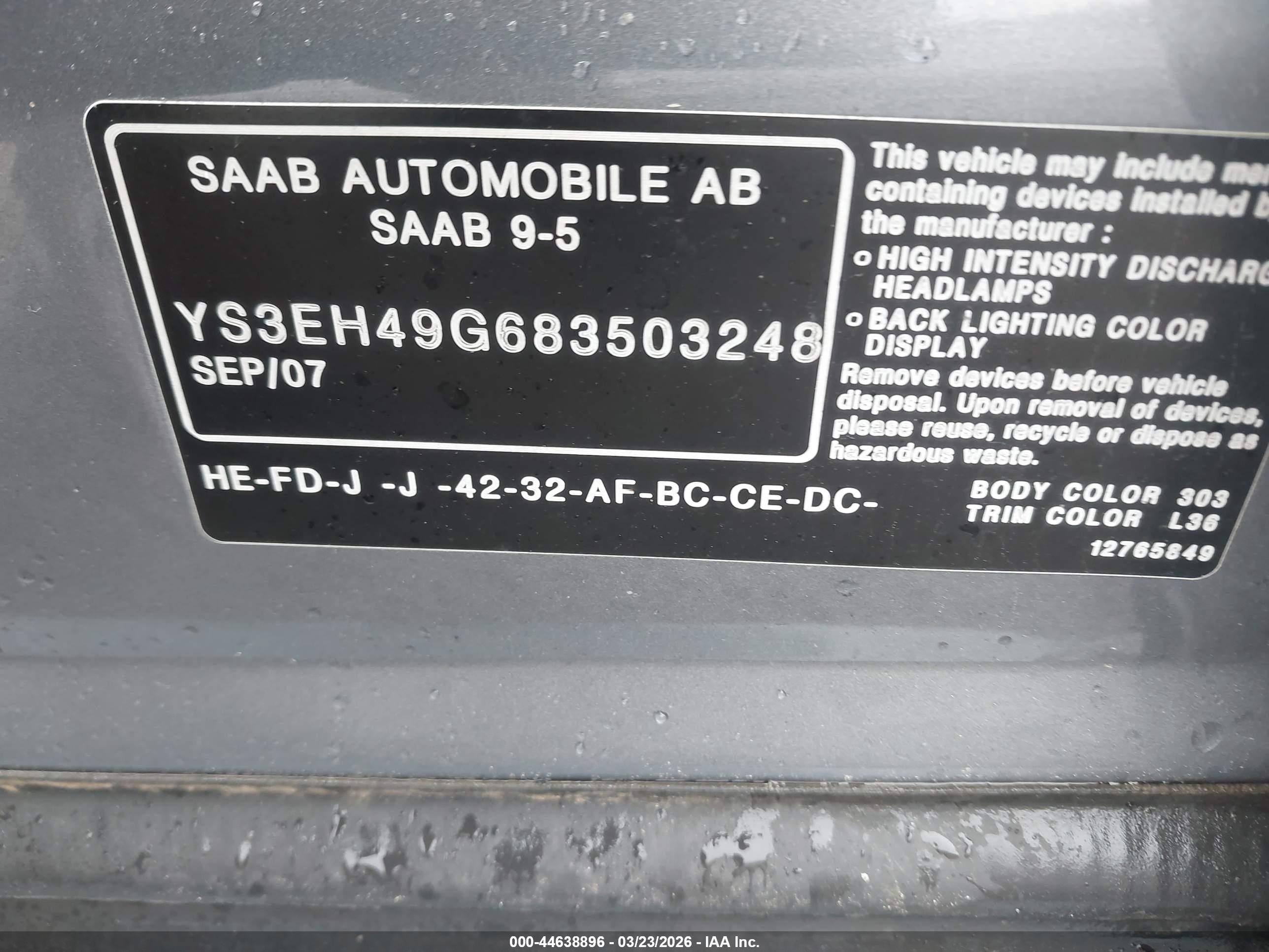 2008 Saab 9-5 Aero Серый vin: YS3EH49G683503248