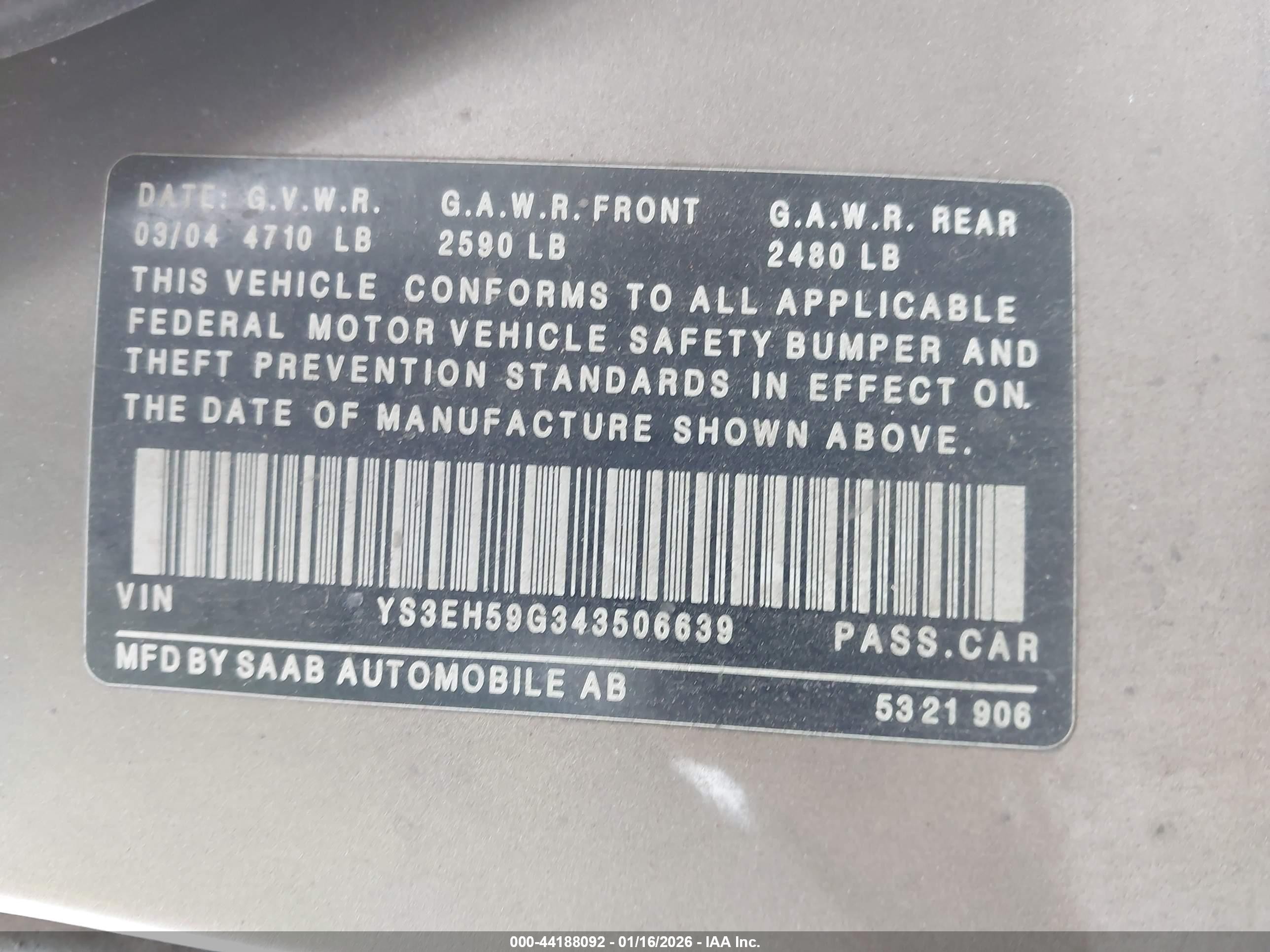 2004 Saab 9-5 Aero Коричневый vin: YS3EH59G343506639